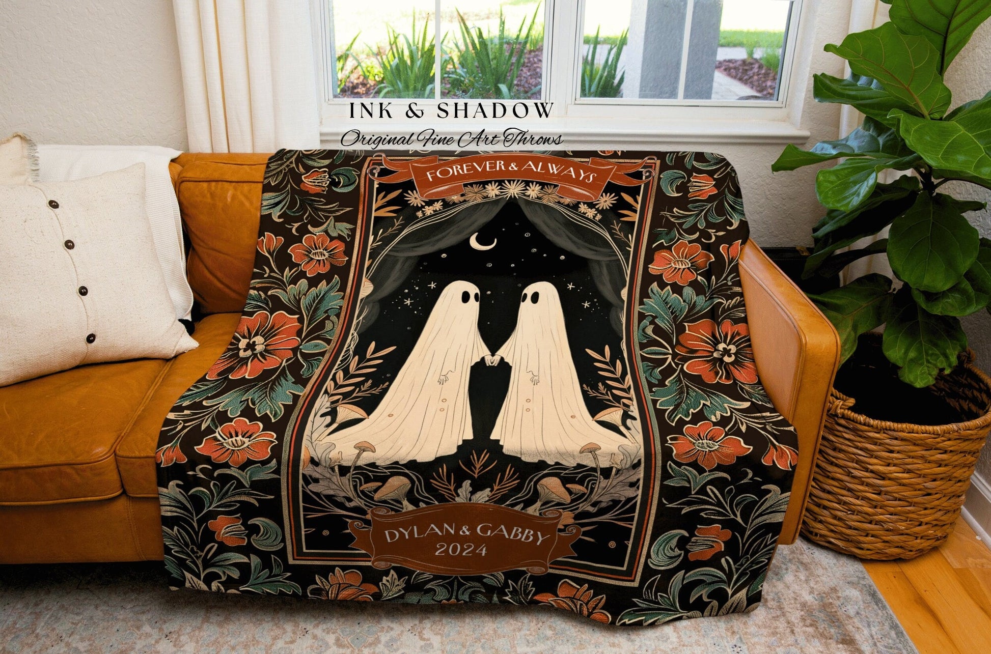 Dark Floral Ghost Lovers Custom Blanket | Kindred Spirits Personalized Gothic Wedding Blanket Woven Ghost Gift for Girlfriend Gothic Decor |