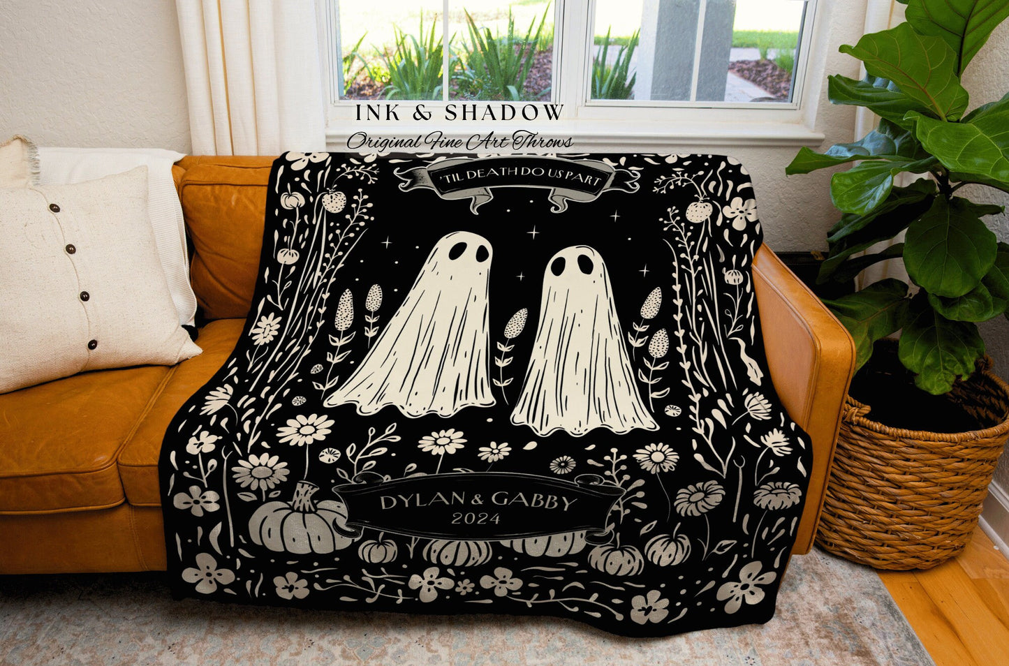 Spooky Ghost Couple Anniversary Blanket | Personalized Gothic Wedding Blanket Woven Ghost Gifts His & Hers Anniversary Gift for Wife Custom