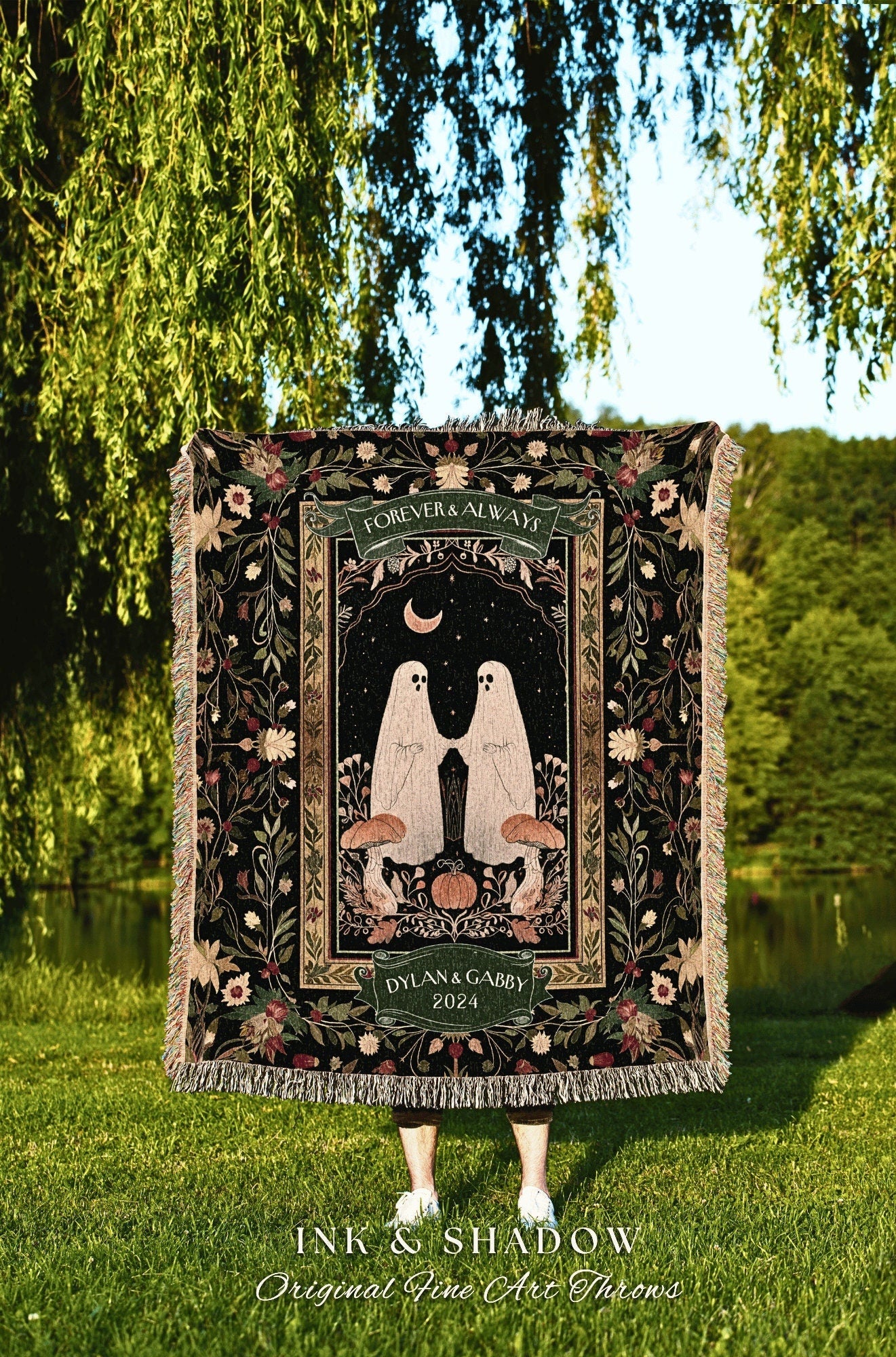 Woodland Gothic Ghost Couples Blanket | Cottagecore Custom Gothic Mushroom Tapestry Woven Throw Whimsigoth Personalized Gifts for Partner |