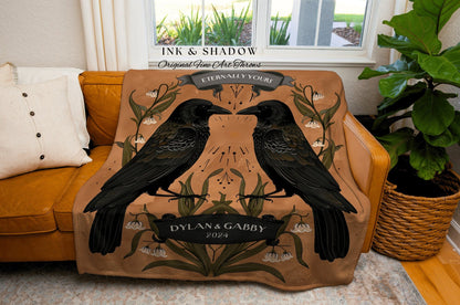 Moody Crow Lovers Anniversary Blanket Personalized | Crowcore Couple Dark Academia Aesthetic Gothic Throw Custom Name Gift Tapestry Raven |