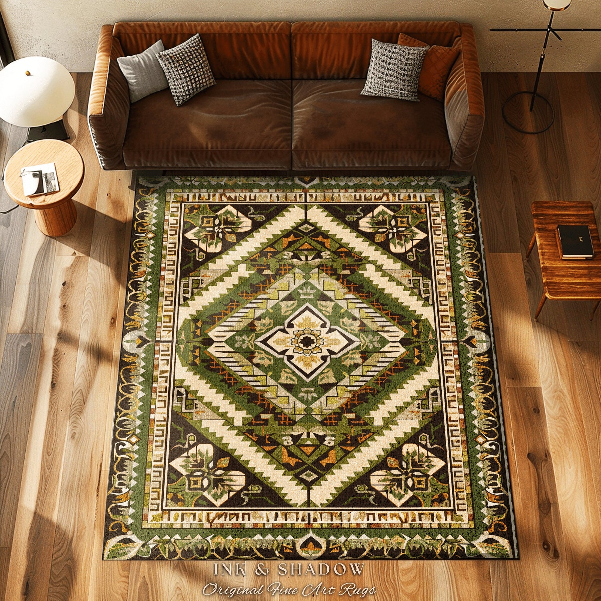 Modern Bohemian Accent Rug | Geometric Midcentury Home Accent Ornate Rug with Olive Green Detail Bohemian Aesthetic for Cozy Guest Bedroom |