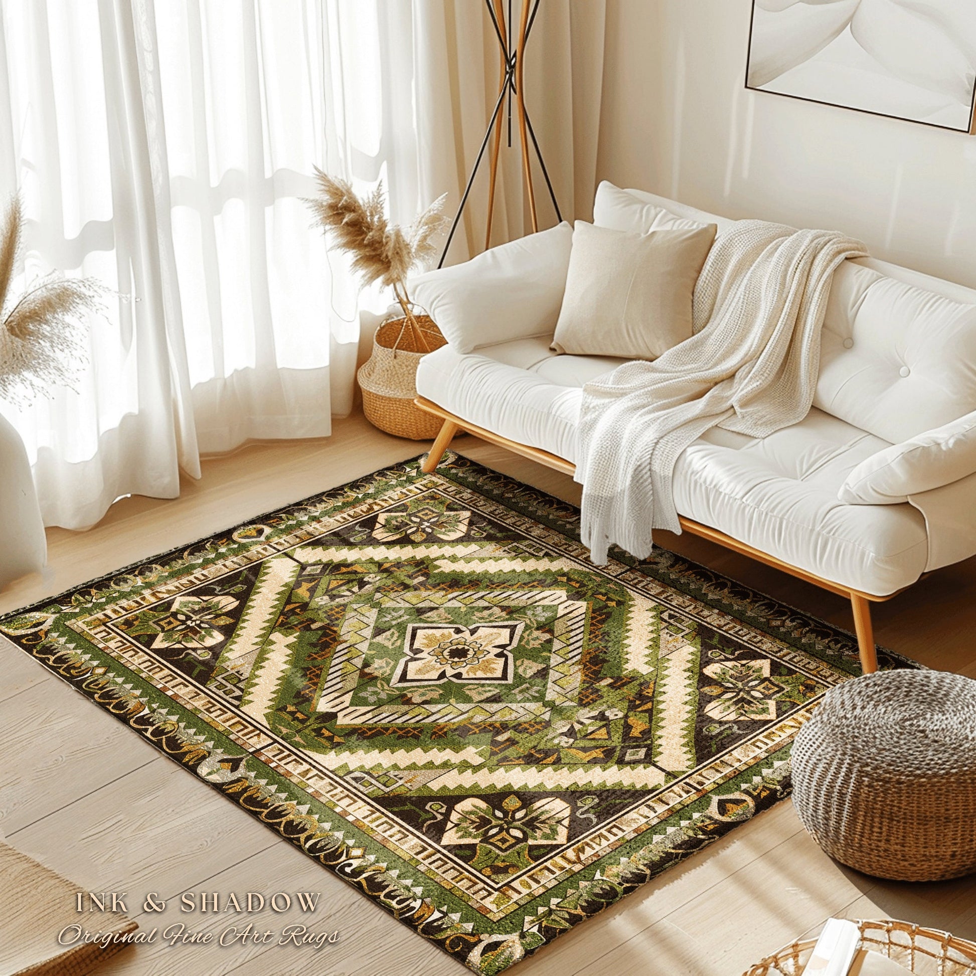 Modern Bohemian Accent Rug | Geometric Midcentury Home Accent Ornate Rug with Olive Green Detail Bohemian Aesthetic for Cozy Guest Bedroom |