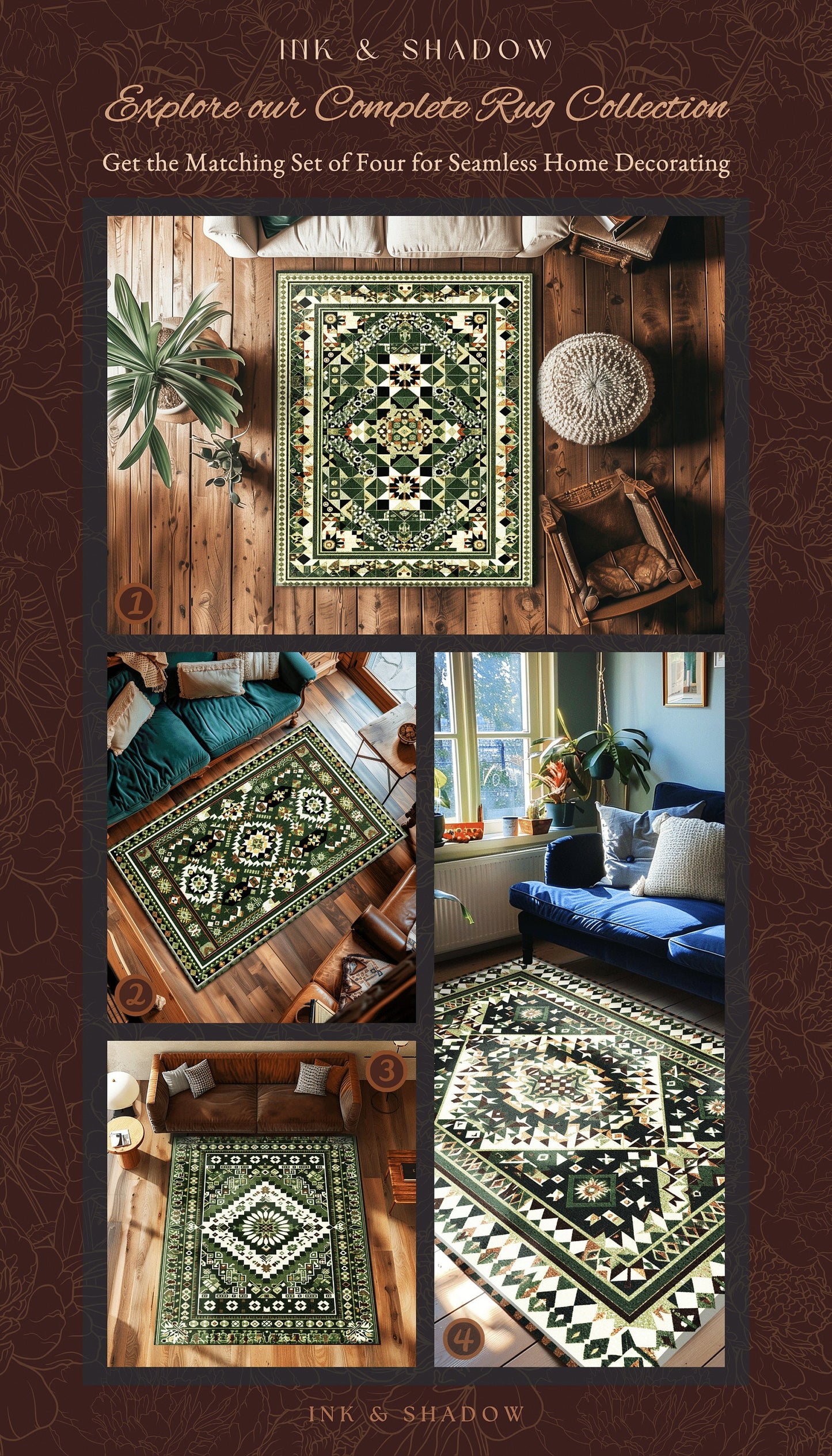 Classic Geometric Green Rug | Modern Midcentury Home Accent Ornate Nordic Inspired Rug with Forest Green Detail Bohemian Style Aesthetic |