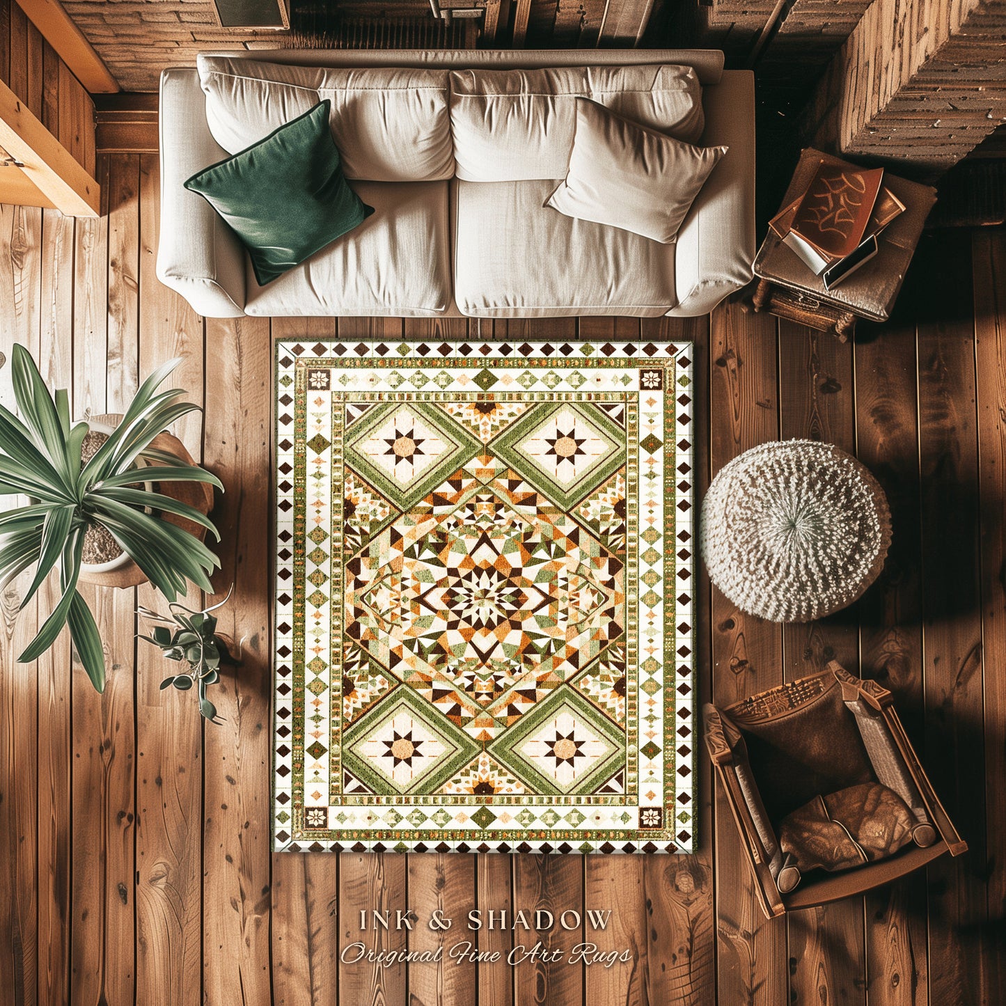 Earthy Colors Geometric Rug | Muted Tones Home Accent Ornate Rug with Sage Green Detail Beige Bohemian Aesthetic for Cozy Housewarming Gift