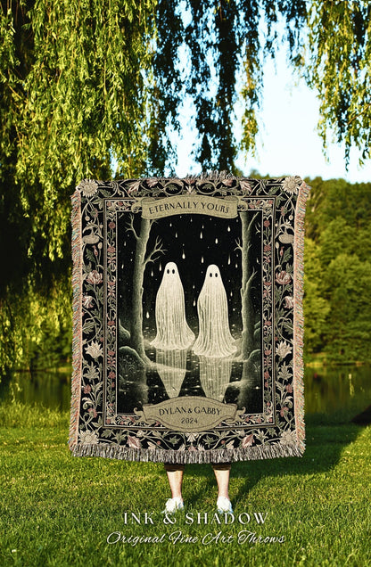 Dark Forest Ghost Couple Custom Blanket | Kindred Spirits Personalized Gothic Wedding Tapestry Woven Throw Whimsigoth Gift for Boyfriend |