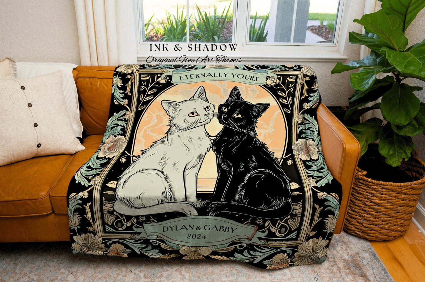 Retro Gothic Cat Couple Custom Tapestry | Vintage Witchy Aesthetic Woven Throw Custom His & Hers Tarot Gift for Cat Lover Personalized |