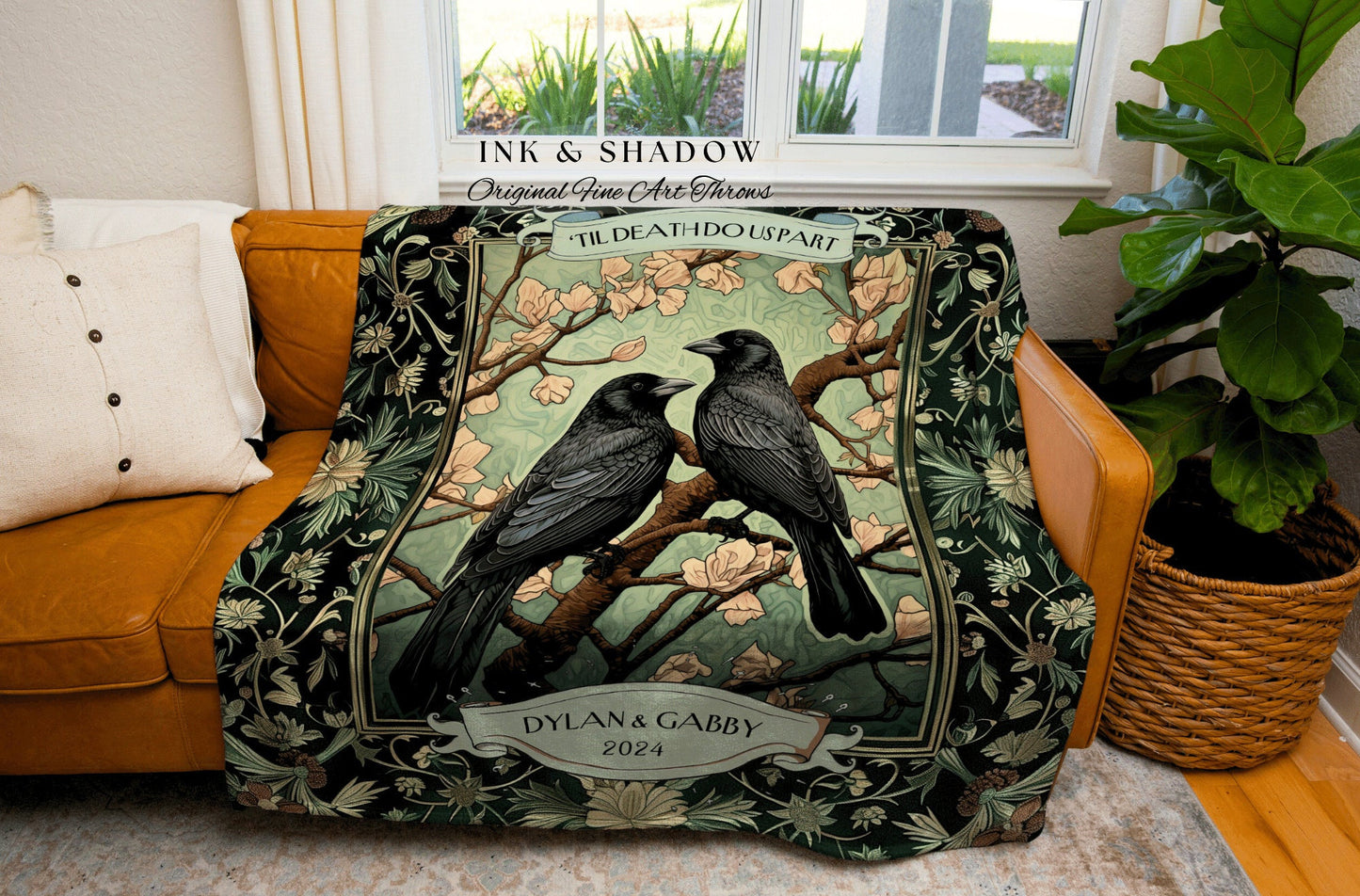 Woven Tapestry Crow Blanket Couples Gift | Dark Academia Aesthetic Personalized Woven Throw Lovebirds Gift for Girlfriend Floral Raven |