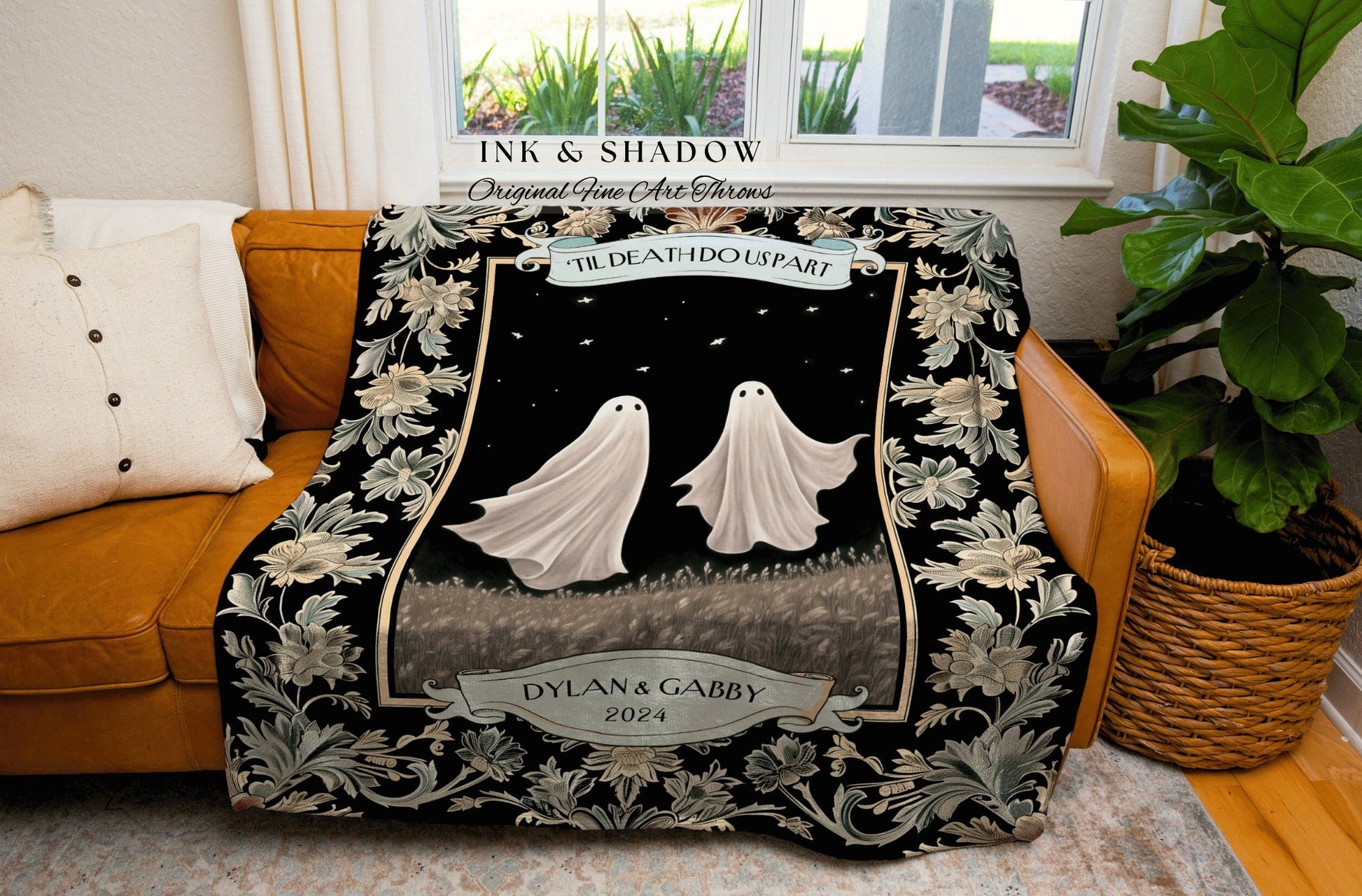 Mystic Lovers Personalized Ghost Blanket | Dark Cottagecore Custom Gothic Couple Tapestry Woven Throw His & Hers Gift for Partner Thoughtful