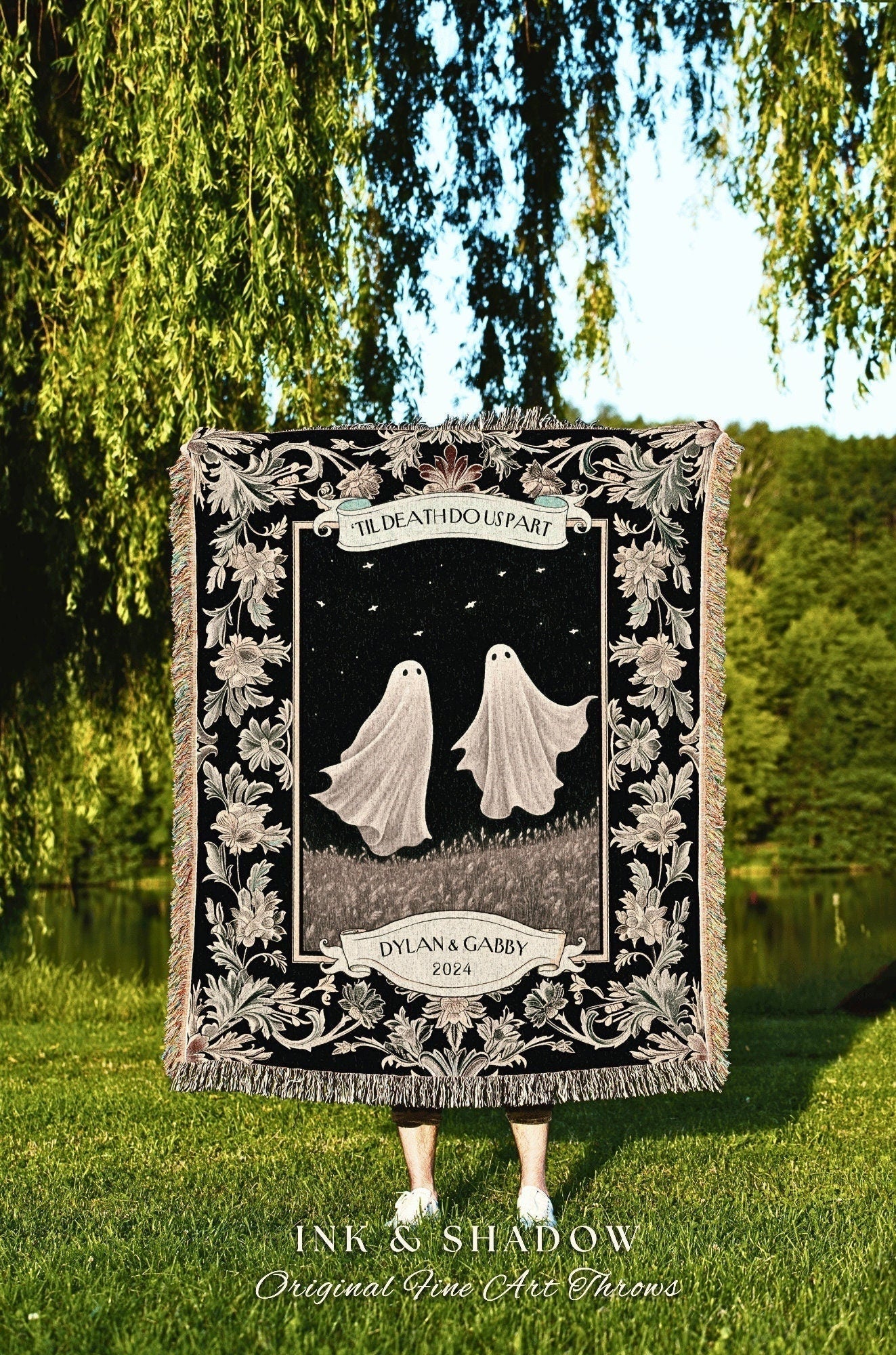 Mystic Lovers Personalized Ghost Blanket | Dark Cottagecore Custom Gothic Couple Tapestry Woven Throw His & Hers Gift for Partner Thoughtful