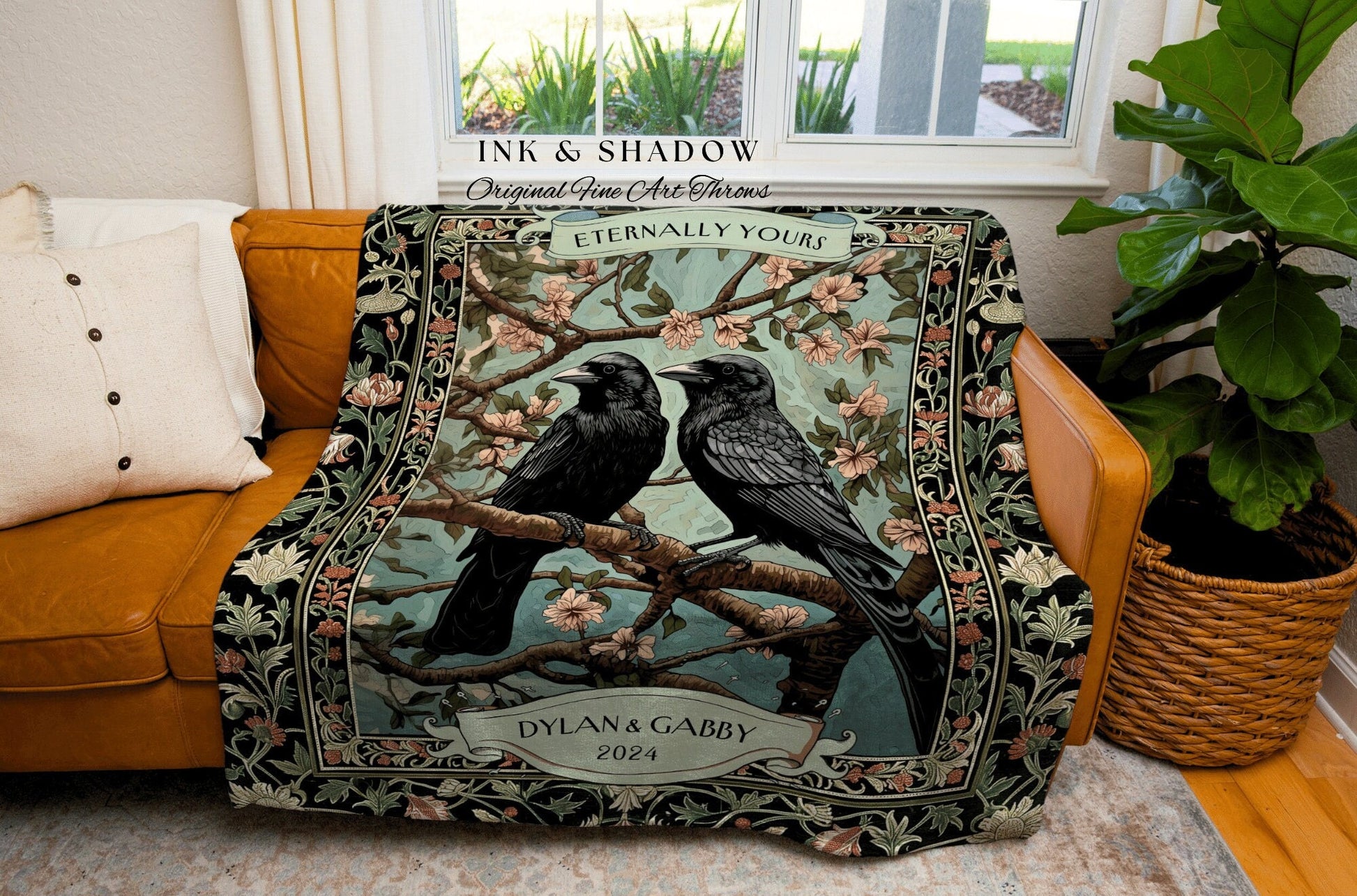 Lovebirds Couple Blanket Personalized Gift | Crowcore Wedding Keepsake Dark Academia Aesthetic Woven Throw Custom Name Gift Tapestry Decor