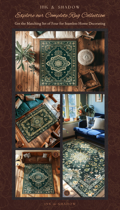 Deep Sea Green Room Accent Rug | Classic Ornate Statement Rug with Blue Green Detail Bohemian Mandala Aesthetic for Cozy Hippie Room Boho |