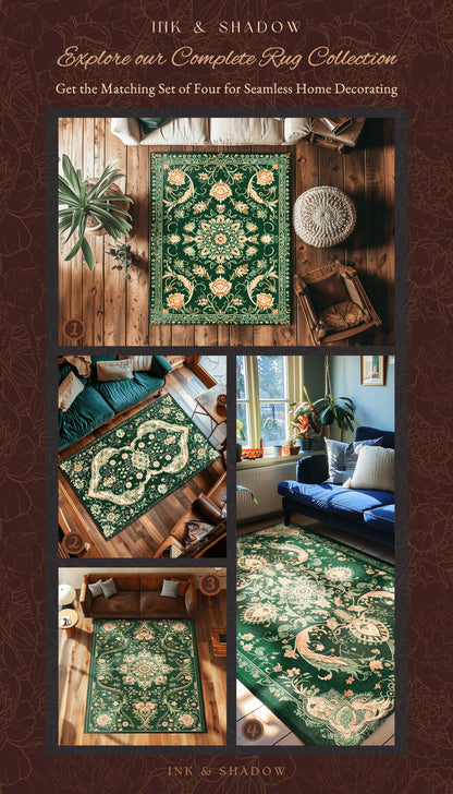 Emerald Accent Rug for Living Room | Classic Ornate Statement Rug with Green Detail Peachy Accent Bohemian Aesthetic for Cozy Reading Nook |