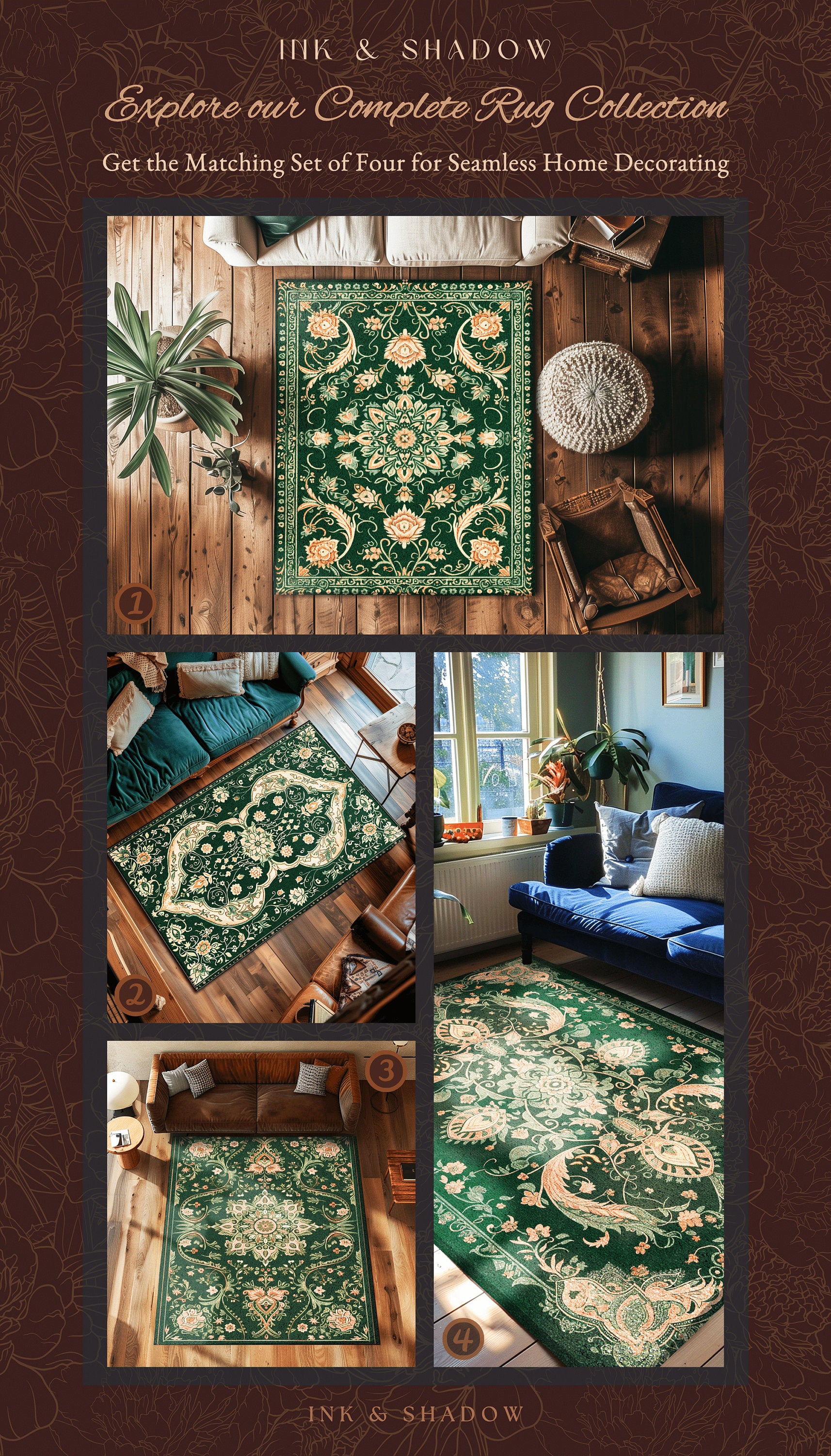 Elegant Sea Green Area Rug | Classic Ornate Statement Rug with Fine Emerald Green Detail Peachy Accent Bohemian Aesthetic for Cozy Bedroom |