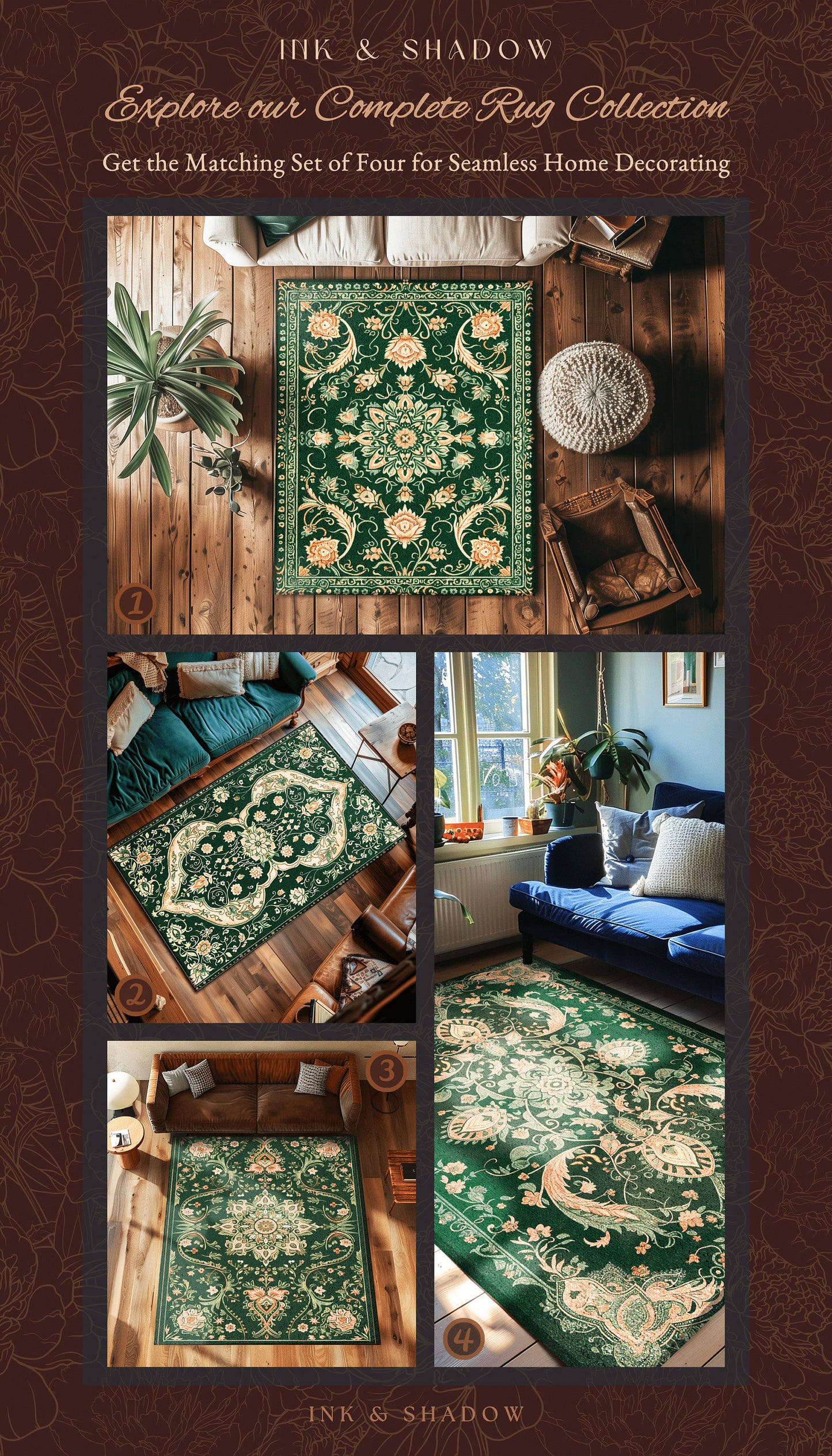 Elegant Sea Green Area Rug | Classic Ornate Statement Rug with Fine Emerald Green Detail Peachy Accent Bohemian Aesthetic for Cozy Bedroom |