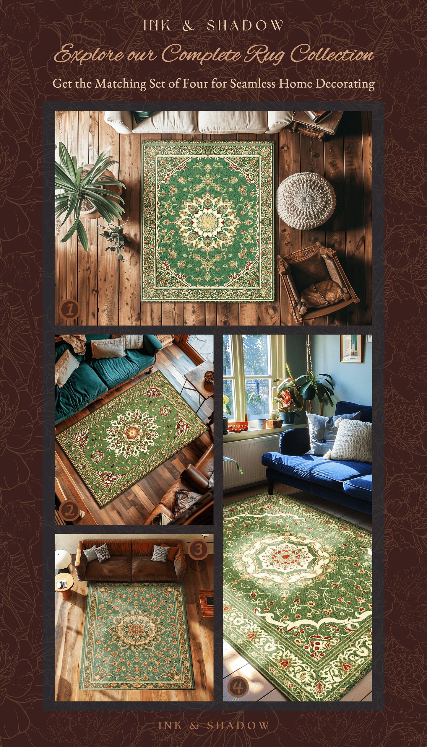 Jade Green Statement Rug | Classic Ornate Victorian Rug with Green Detail Peachy Accent Bohemian Aesthetic for Cozy Reading Nook Boho Design