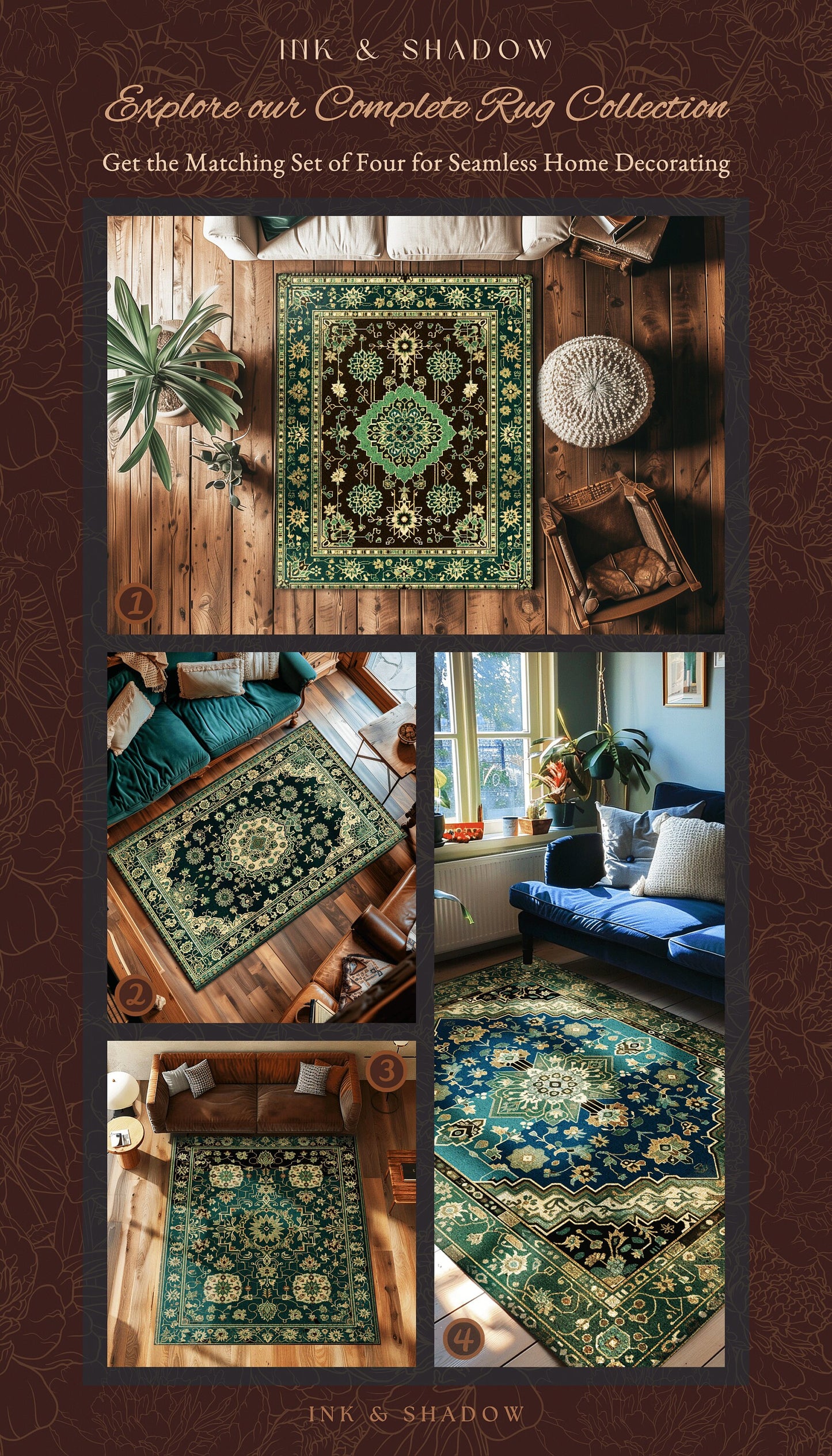 Dark Academia Emerald Statement Rug | Reading Nook Cozy Floor Rug Ornate Rug with Blue Green Detail Cottagecore Victorian Gothic Aesthetic