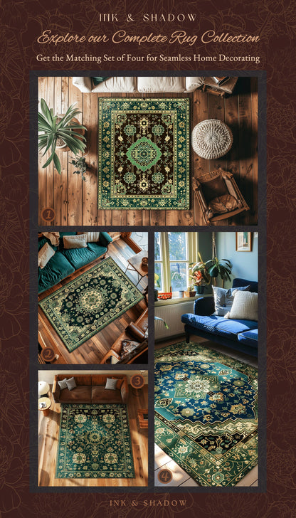 Victorian Gothic Bedroom Rug | Reading Nook Cozy Floor Rug Ornate Statement Rug with Blue Green Detail Cottagecore Dark Academia Aesthetic