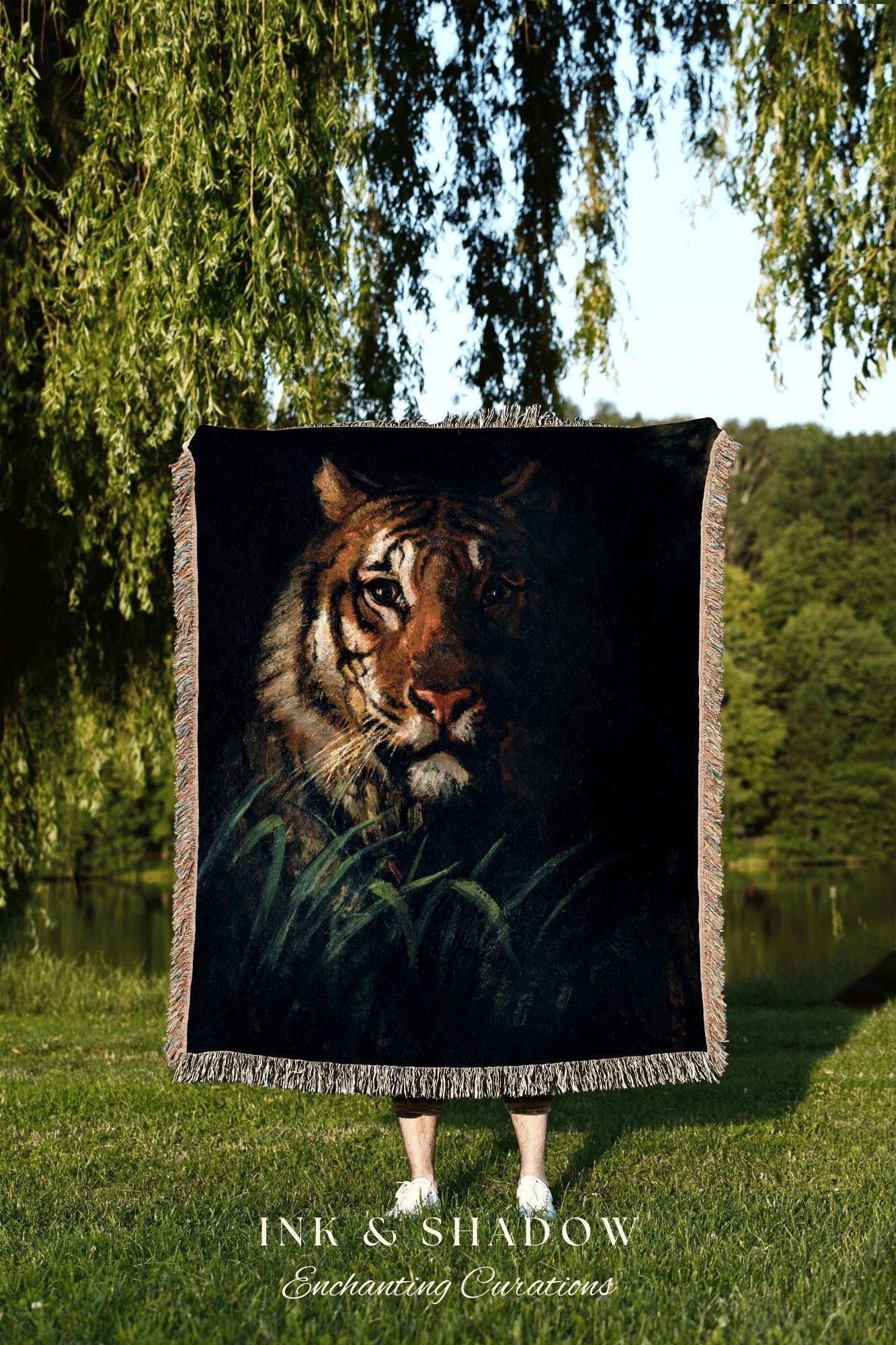 Tiger Painting Tapestry Woven Wall Hanging Gothic Art | Dark Academia Blanket Woven | Whimsigoth Room Decor Witchy Aesthetic Art Blanket |