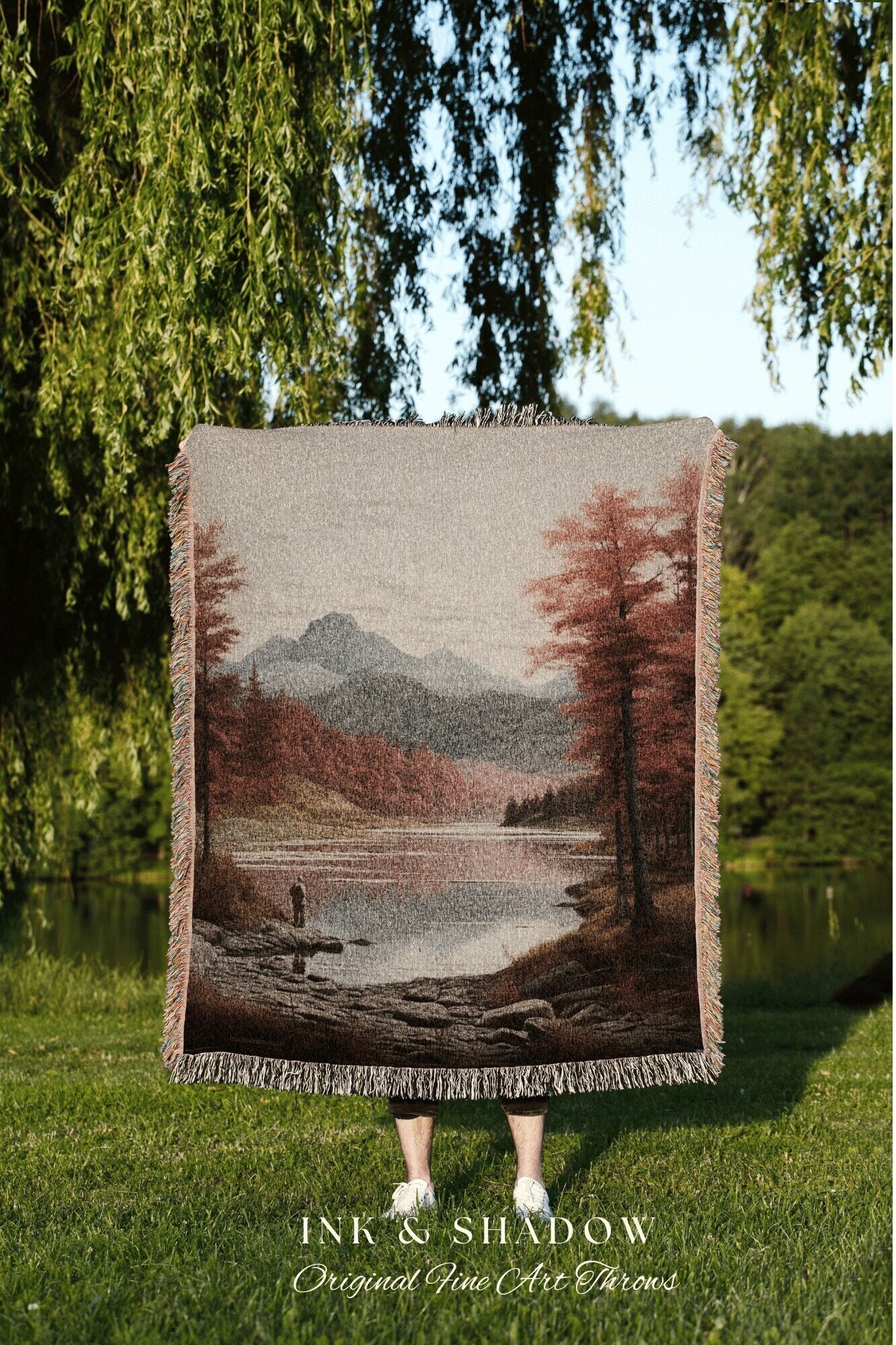 Mountain Landscape Tapestry Blanket Fall Cabin Decor Wall Tapestry Woven Art Housewarming Gift | Throw Blanket Autumn Aesthetic Home Decor |