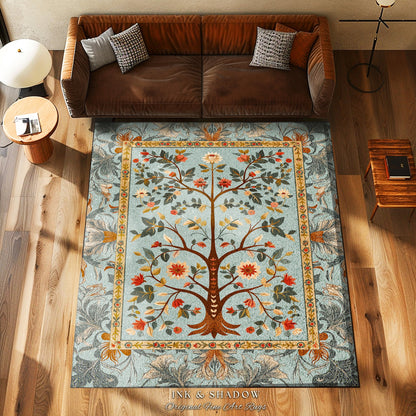 Boho Pastel Tree of Life Floor Mat Cottagecore Living Room Pastel Blue Home Decor Rustic Tree of Life Vintage Aesthetic Living Room Area Rug