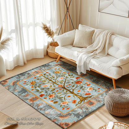 Dusty Blue Tree of Life Folk Art Accent Rug for Living Room | Eclectic Home Decor Rustic Aesthetic Pastel Cottagecore Bedroom Floor Area Rug