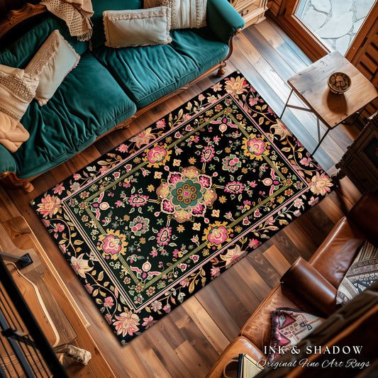 Maximalist Bohemian Area Rug | Dark Floral Aesthetic Living Room Home Decor Rustic Housewarming Gift Cottagecore Earth Tone Bedroom Mat