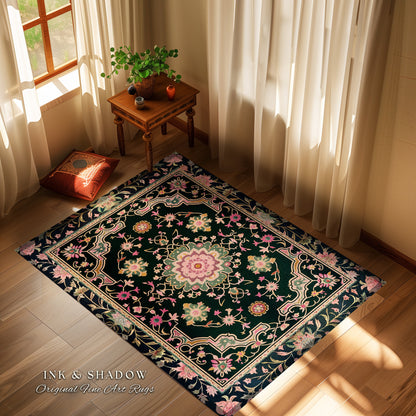 Pink Persian Mosaic Floral Rug Turkish Floral Dark Cottagecore Aesthetic Rug Common Room Home Decor Housewarming Gift Floral Bedroom Mat