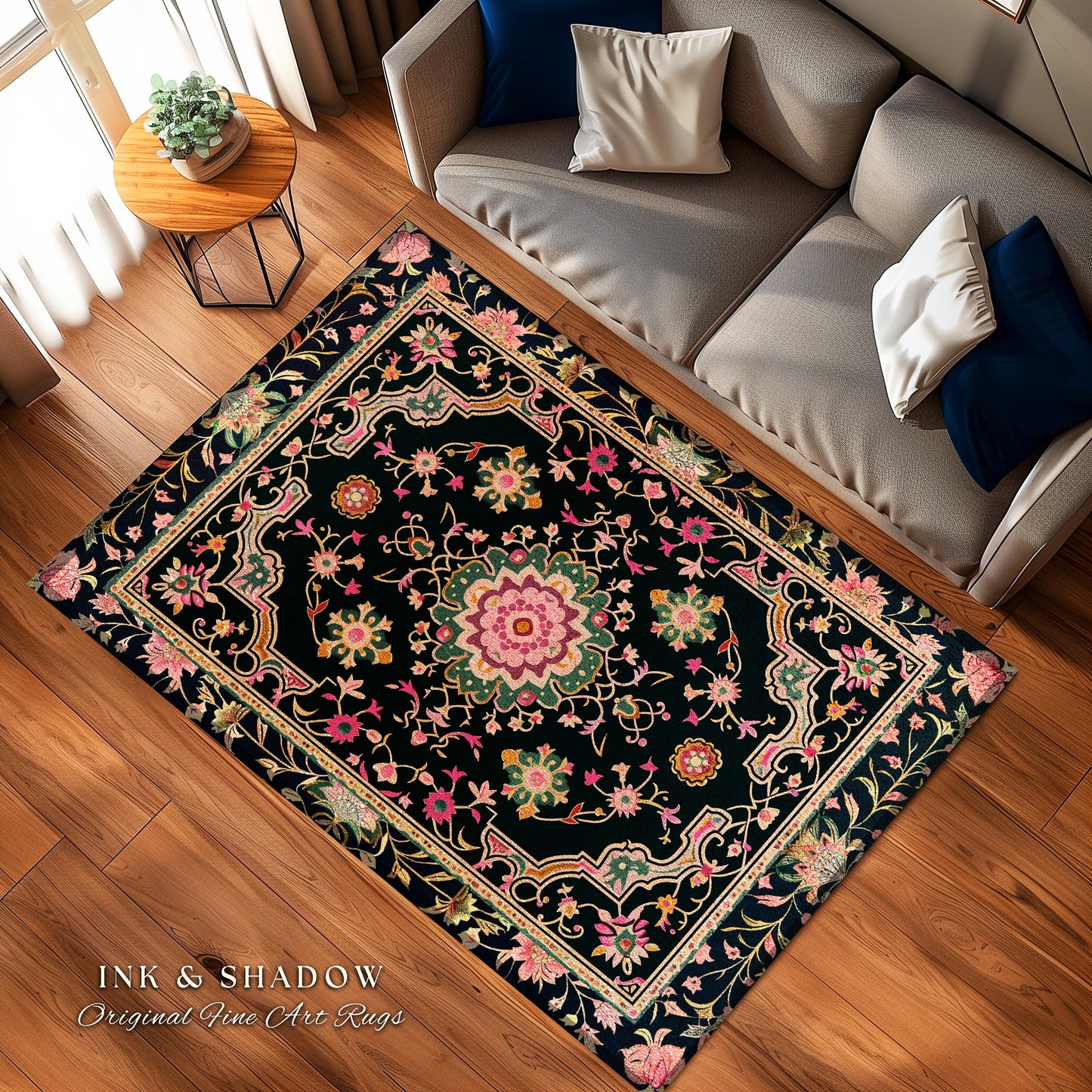 Pink Persian Mosaic Floral Rug Turkish Floral Dark Cottagecore Aesthetic Rug Common Room Home Decor Housewarming Gift Floral Bedroom Mat