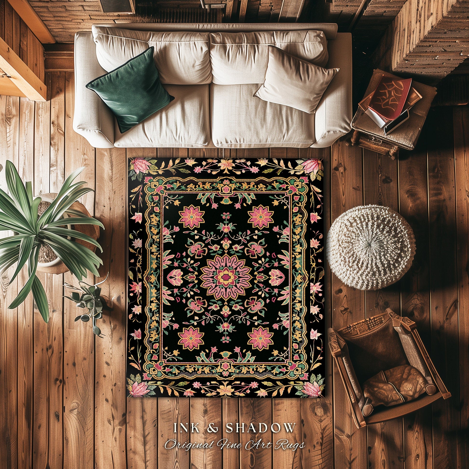 Maximalist Floral Area Rug Dark Pink Decorative Bohemian Turkish Style Colorful Accent Rug Decorative Rugs for Living Room Rectangular Rug