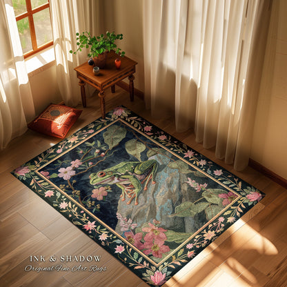 Ethereal Woodland Frog Rug | Floral Cottagecore Aesthetic Living Room Home Decor Frog Lover Gift Goblincore Floor Mat Whimsical Toad |