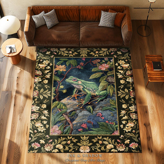 Goblincore Toad Rug Floral | Fairy Aesthetic Living Room Home Decor Frog Lover Gift Cottagecore Earth Tone Bedroom Floor Mat Mystical Forest