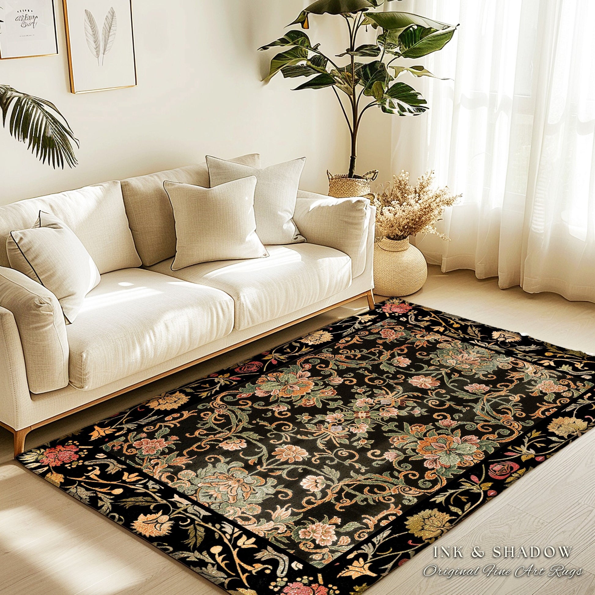 Floral Maximalism Accent Rug | Boho Folklore Aesthetic Danish Home Decor Housewarming Gift Fairycore Whimsical Woodland Wildflower Bedroom |