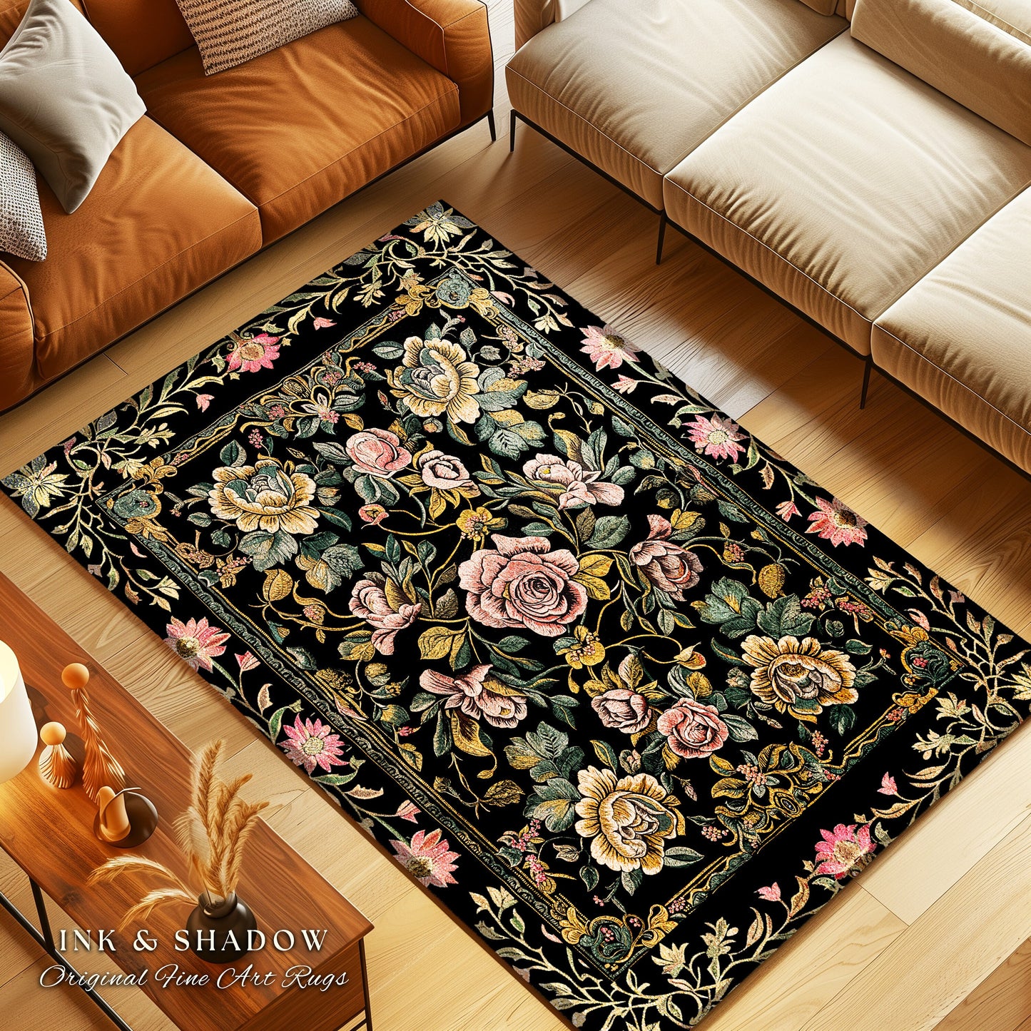 Antique Rose Aesthetic Rug Victorian Floral Dark Academia Decorative Rug Pink Rose Flower Dark Cottagecore Vintage Floral Housewarming Gift