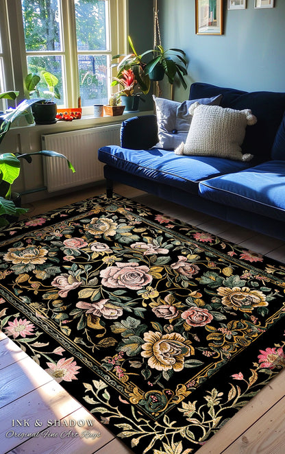 Antique Rose Aesthetic Rug Victorian Floral Dark Academia Decorative Rug Pink Rose Flower Dark Cottagecore Vintage Floral Housewarming Gift