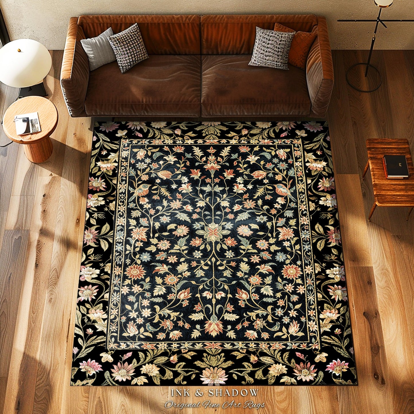 Ornate Gothic Area Rug | Dark Wildflower Aesthetic Living Room Gothic Home Decor Rustic Housewarming Gift Dark Academia Bedroom Folklore Art