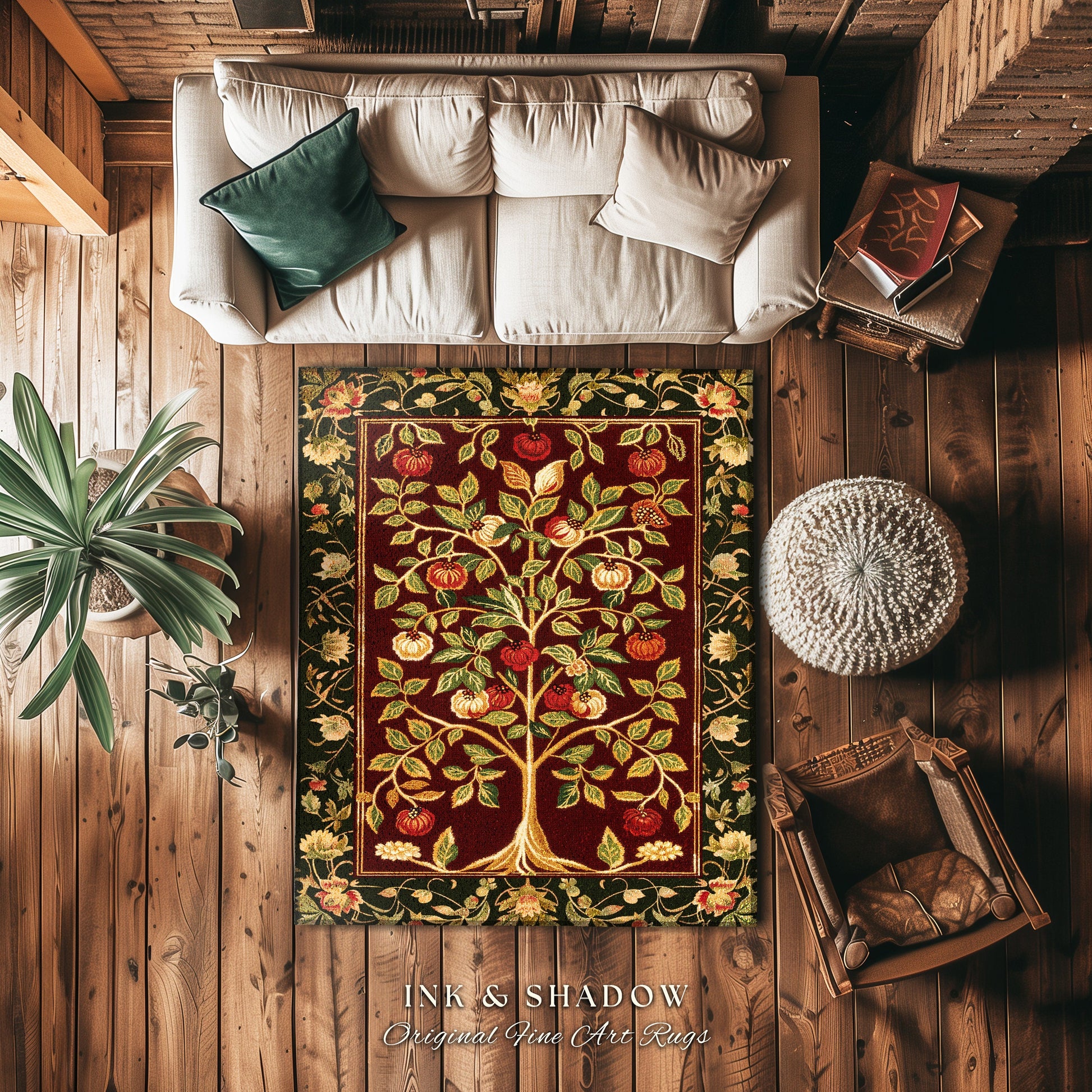 Pomegranate Tree of Life Art Bedroom Rug Dark Academia Aesthetic | Medieval Living Room Home Decor Rustic Housewarming Gif Dark Cottagecore