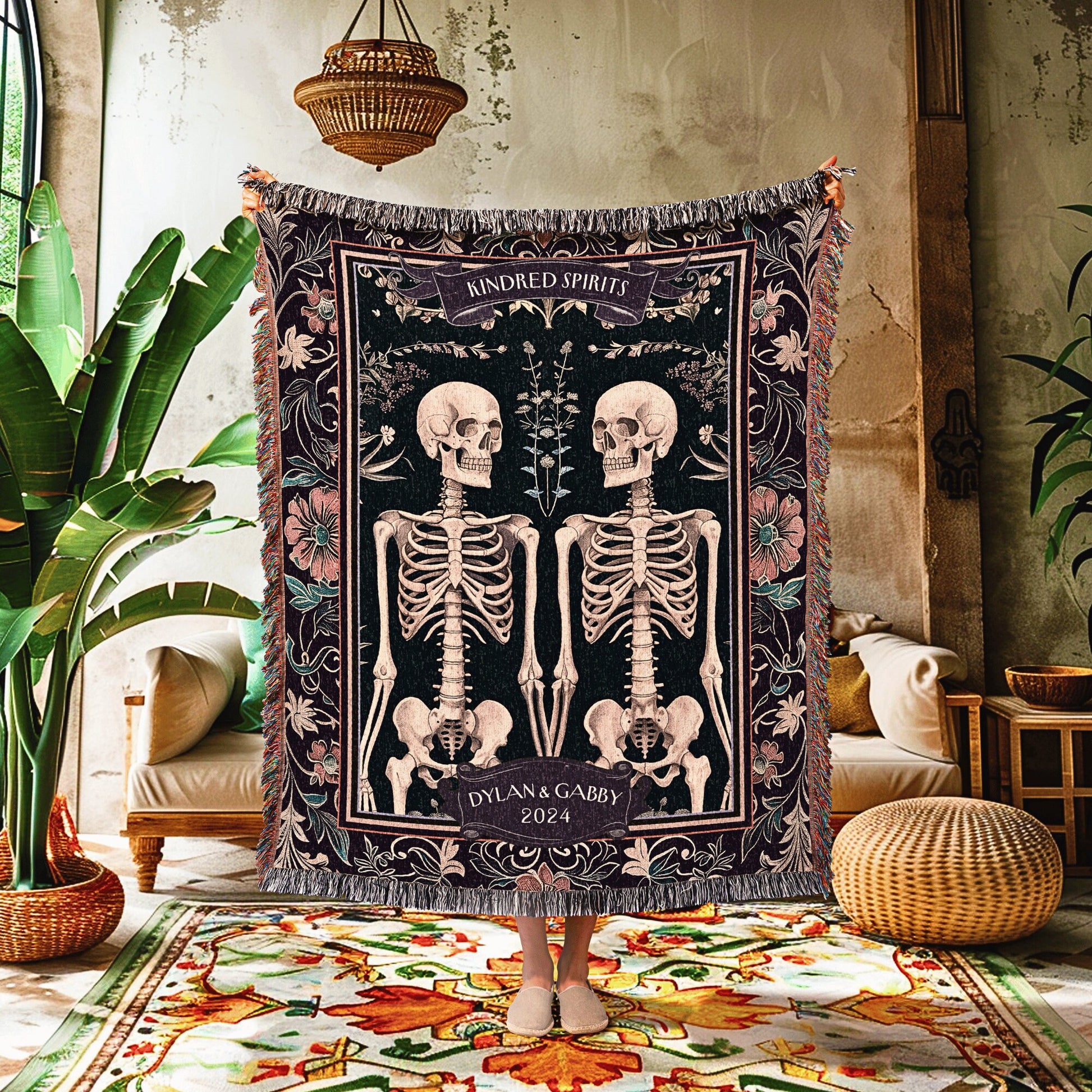 Moody Floral Skeleton Couple Blanket | Personalized Woven Tapestry Gothic Wedding Anniversary Gift Woven Throw Thoughtful for Girlfriend |