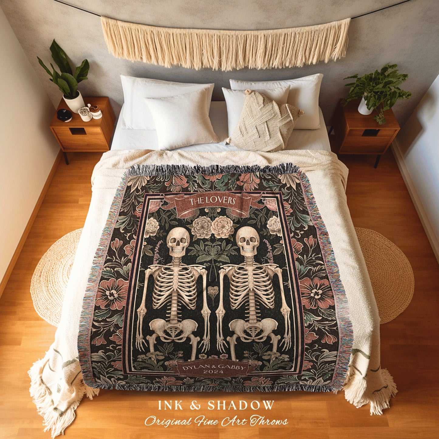 Ethereal Skeleton Couple Blanket Botanical | Personalized Woven Tapestry Dark Floral Gothic Wedding Anniversary Gift Woven Throw Thoughtful