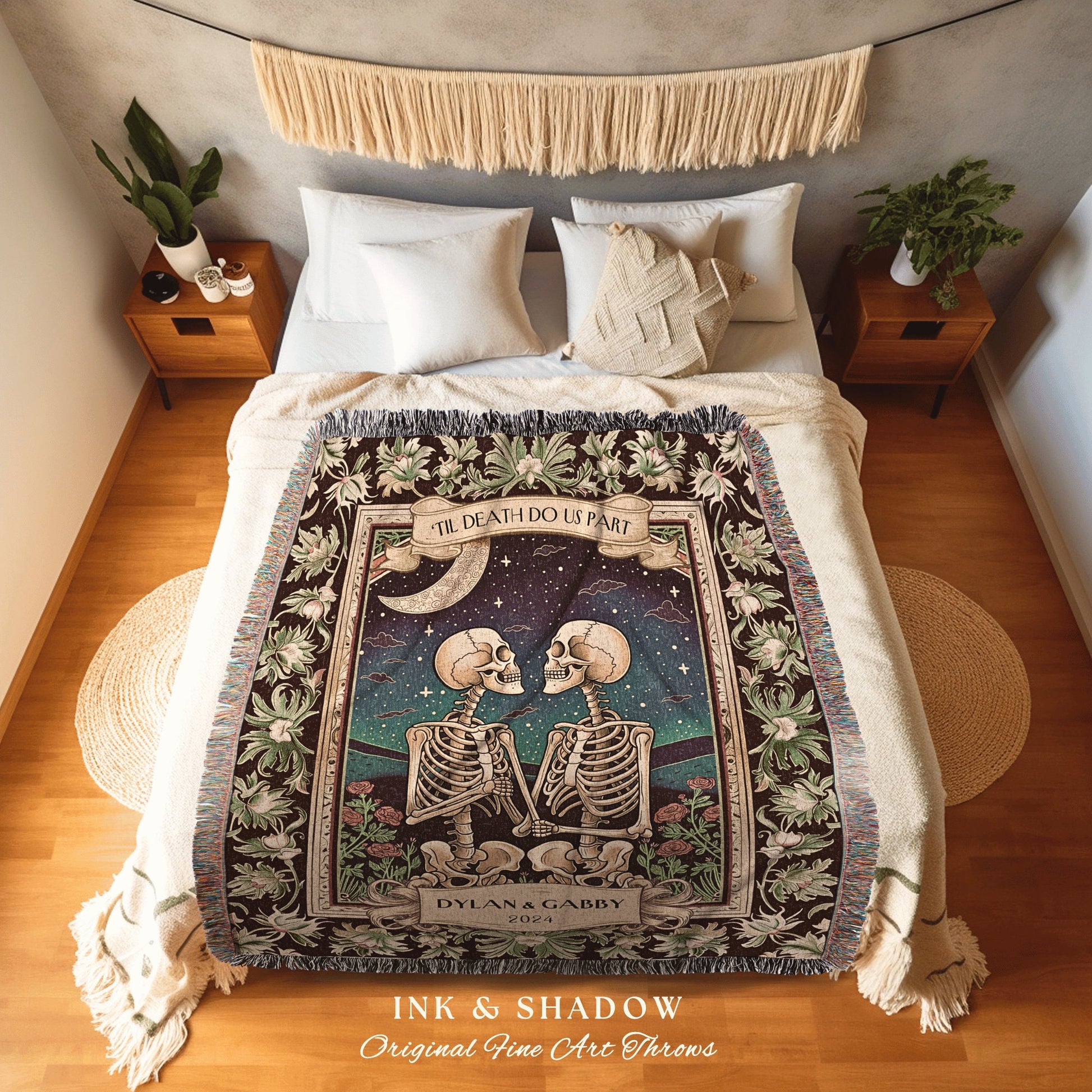 Golden Tarot Skeleton Couples Blanket | Cozy Blanket Custom Woven Tapestry Wedding Anniversary Gift Personalized Sentimental Husband Gifts |