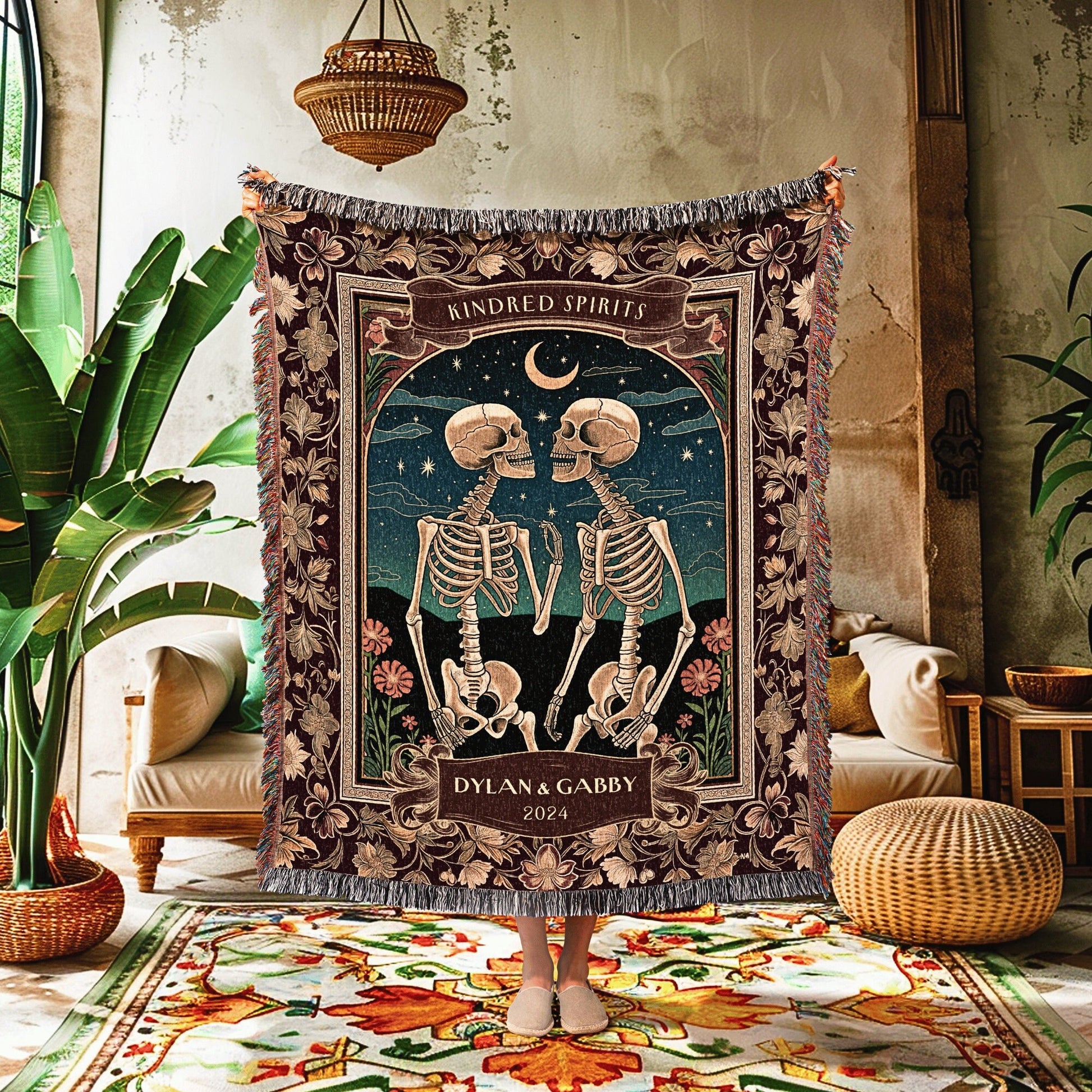 Tarot Aesthetic Lovers Blanket Skeleton Couple | Custom Woven Tapestry Wedding Anniversary Gift Personalized Thoughtful Custom Names Cozy |