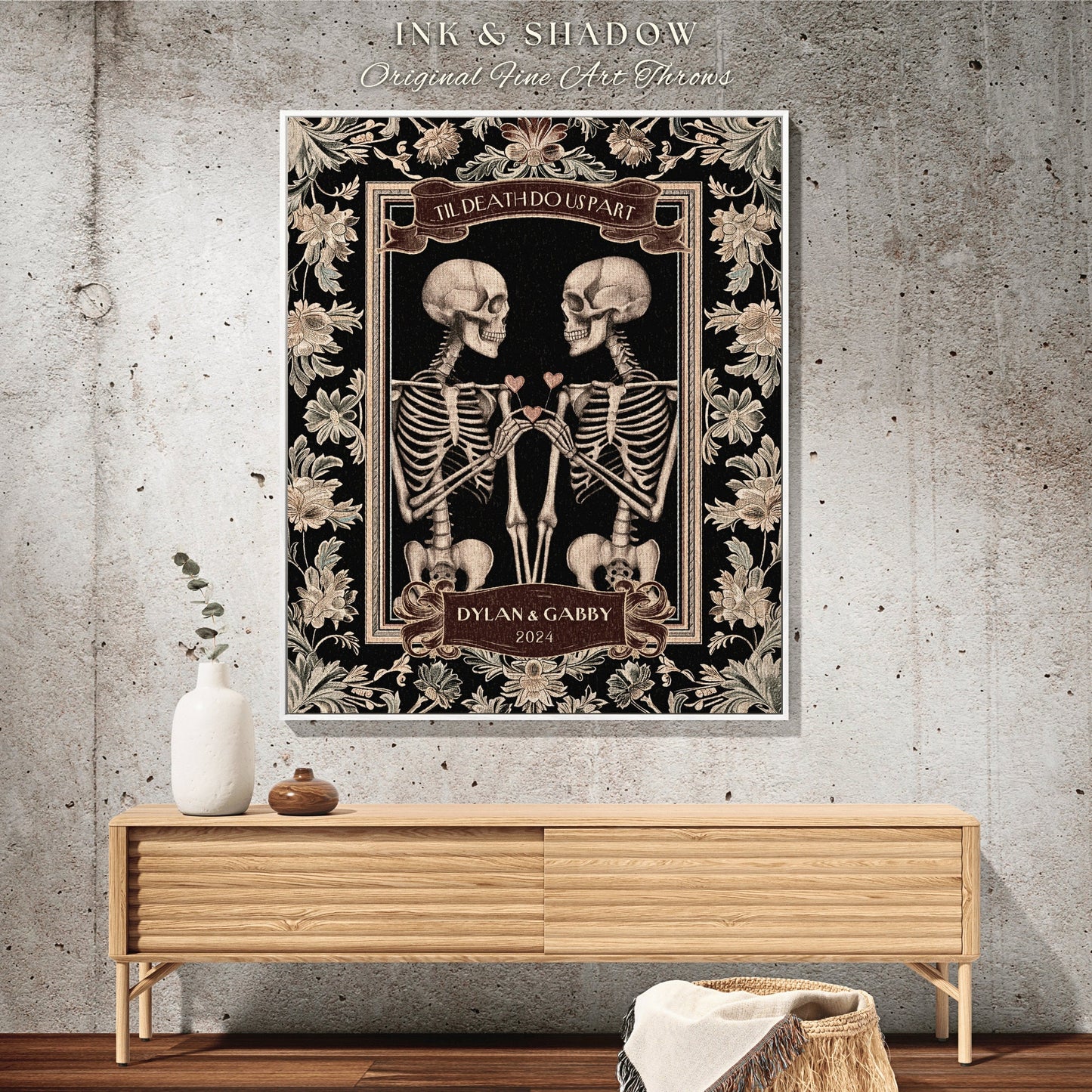 Til Death do us Part Personalized Skeletons Blanket | Victorian Gothic Wedding Skeleton Couples Tapestry Mr and Mrs Anniversary Custom Gift