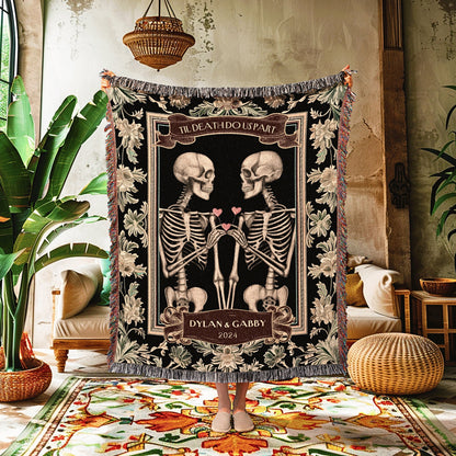 Til Death do us Part Personalized Skeletons Blanket | Victorian Gothic Wedding Skeleton Couples Tapestry Mr and Mrs Anniversary Custom Gift