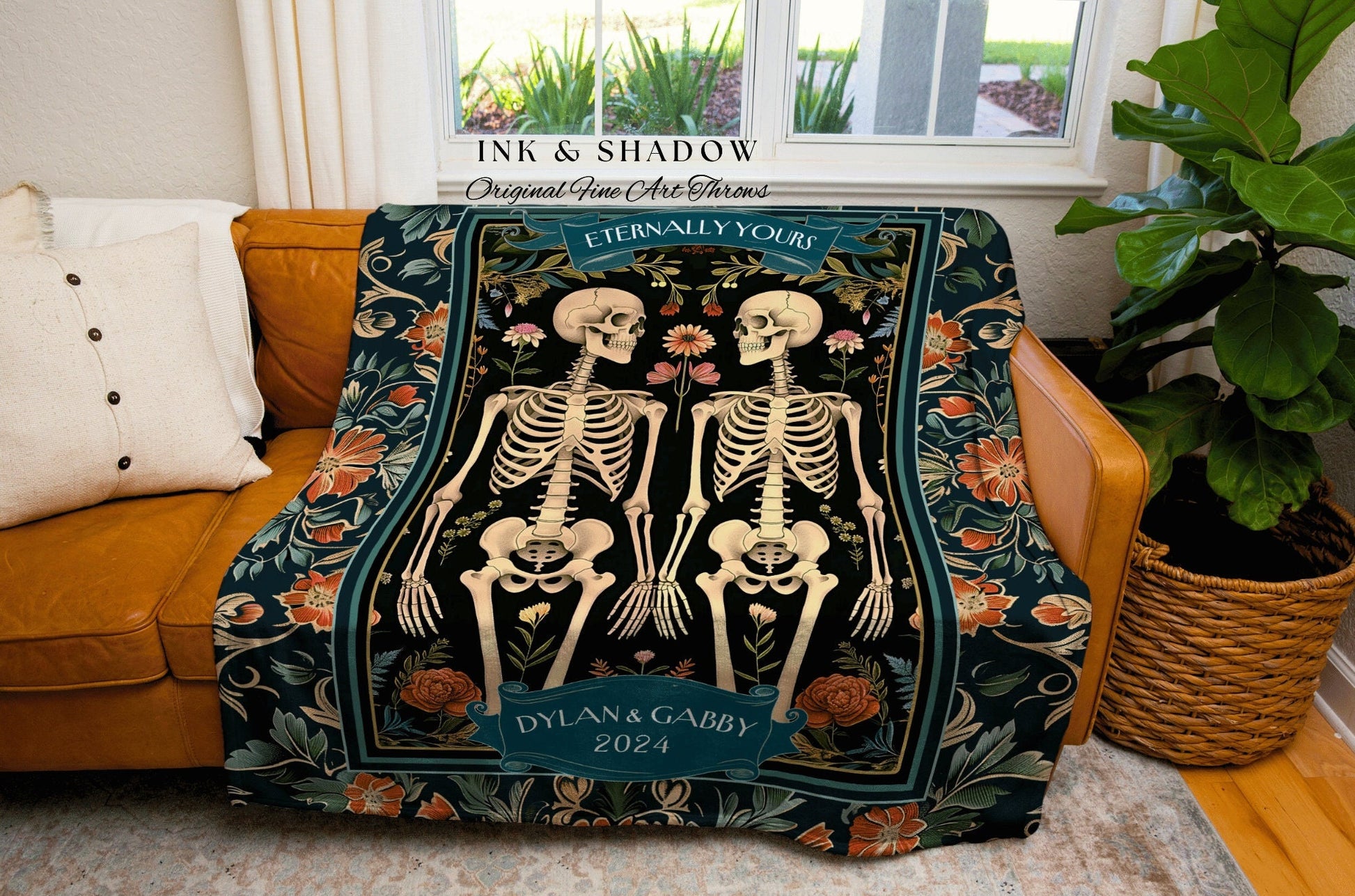 Marriage Blanket Personalized Skeleton Couple | Custom Woven Tapestry Wedding Anniversary Gift Personalized Meaningful His & Hers Blanket |