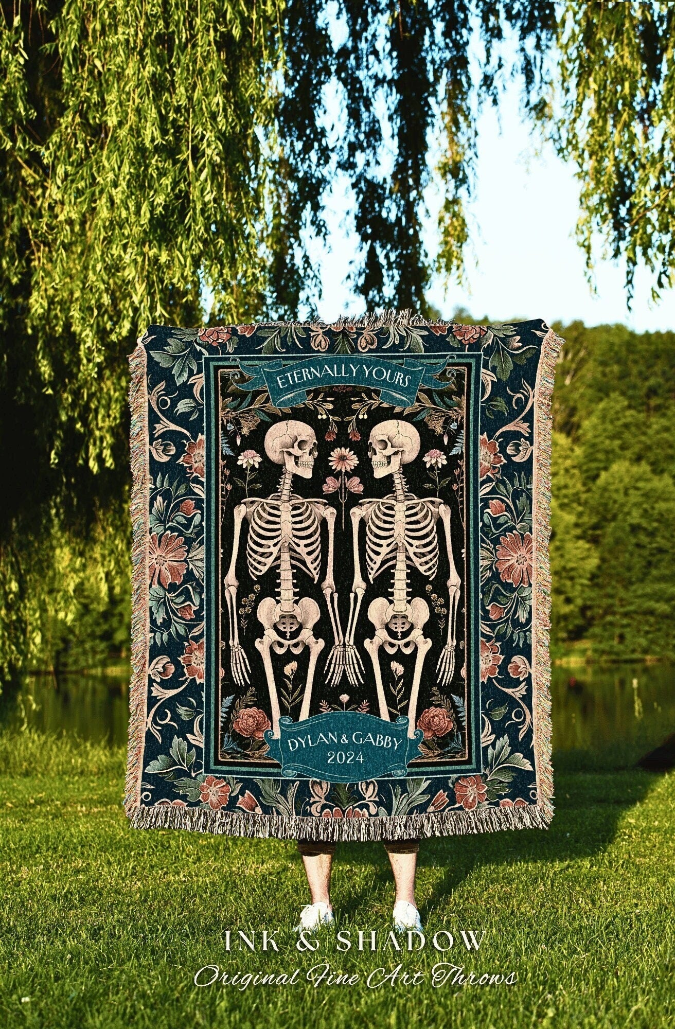 Marriage Blanket Personalized Skeleton Couple | Custom Woven Tapestry Wedding Anniversary Gift Personalized Meaningful His & Hers Blanket |