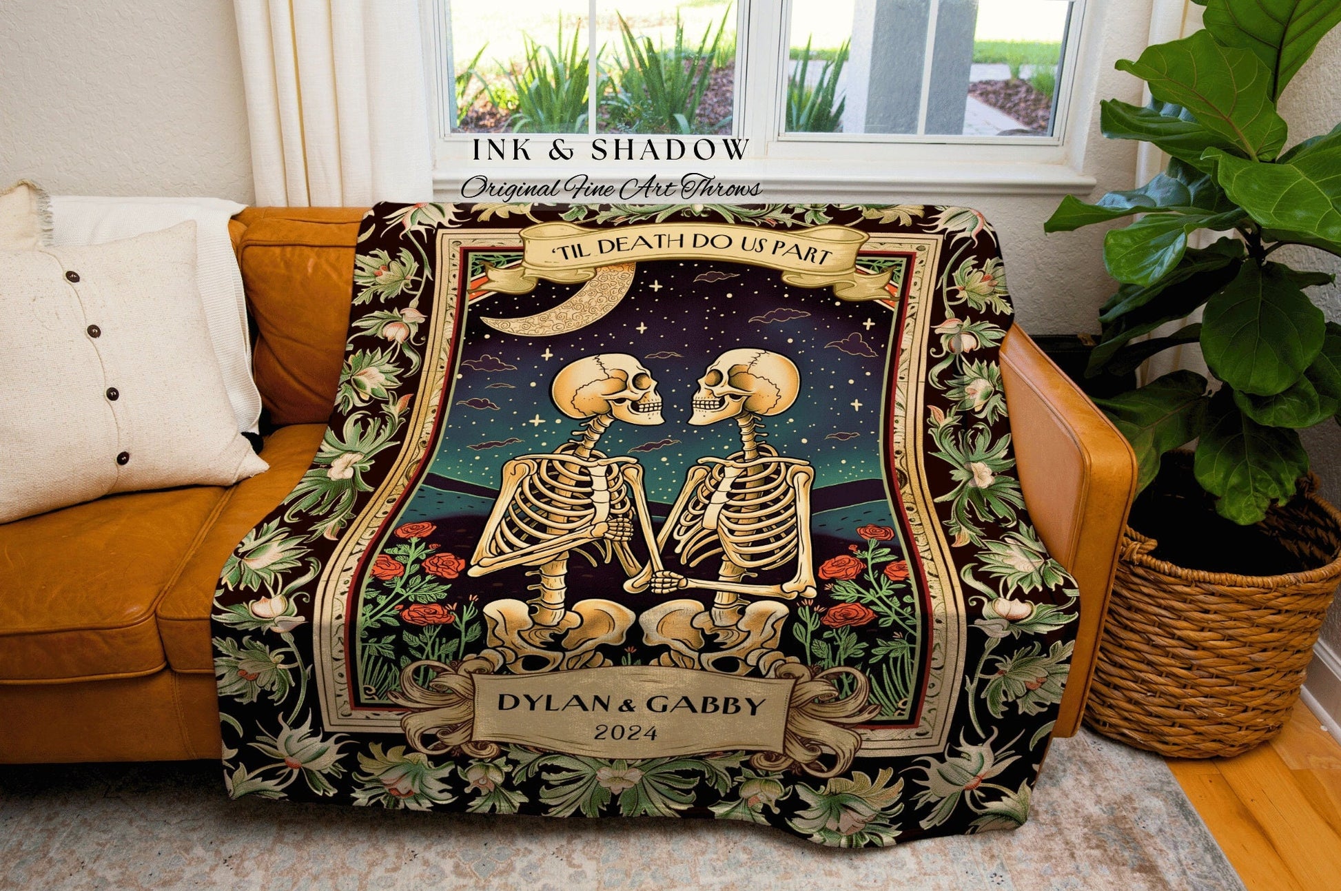 Golden Tarot Skeleton Couples Blanket | Cozy Blanket Custom Woven Tapestry Wedding Anniversary Gift Personalized Sentimental Husband Gifts |