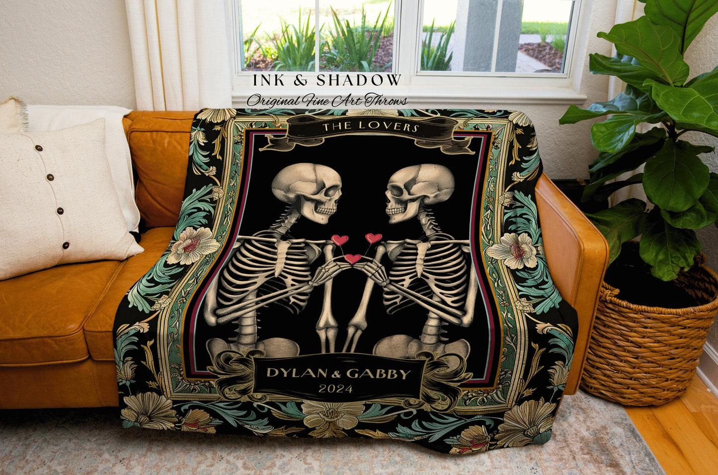 Dark Academia Skeleton Couple Blanket | Custom Woven Tapestry Gothic Wedding Anniversary Gift Personalized Meaningful His & Hers Blanket |