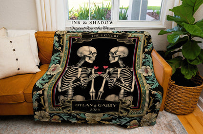 Dark Academia Skeleton Couple Blanket | Custom Woven Tapestry Gothic Wedding Anniversary Gift Personalized Meaningful His & Hers Blanket |