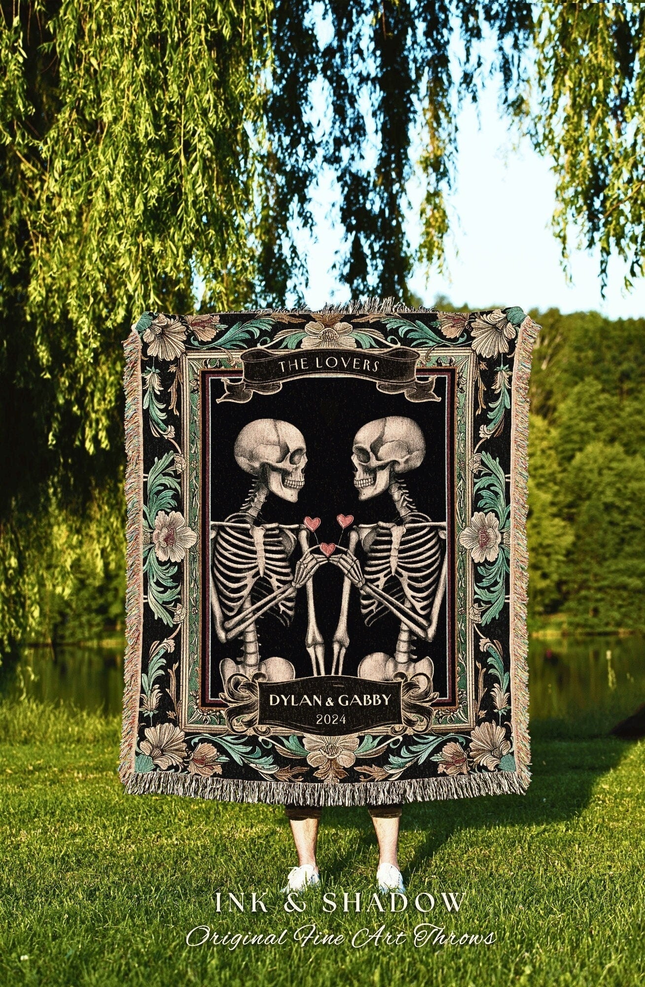 Dark Academia Skeleton Couple Blanket | Custom Woven Tapestry Gothic Wedding Anniversary Gift Personalized Meaningful His & Hers Blanket |