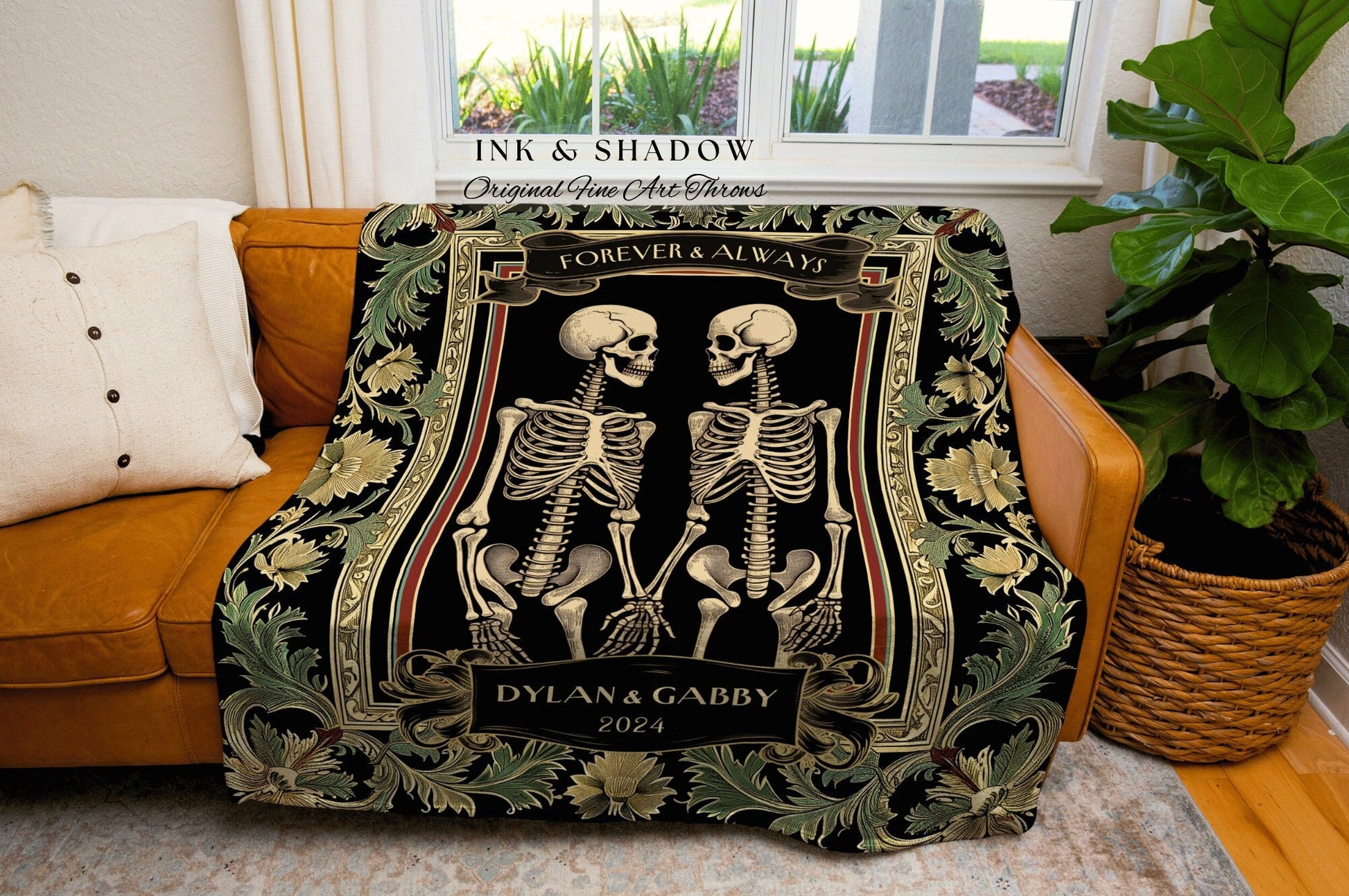 Cozy Anniversary Woven Cotton Blanket Personalized Skeleton Lovers | Custom Whimsigothic Tapestry Wedding Throw Blanket Meaningful Gifts