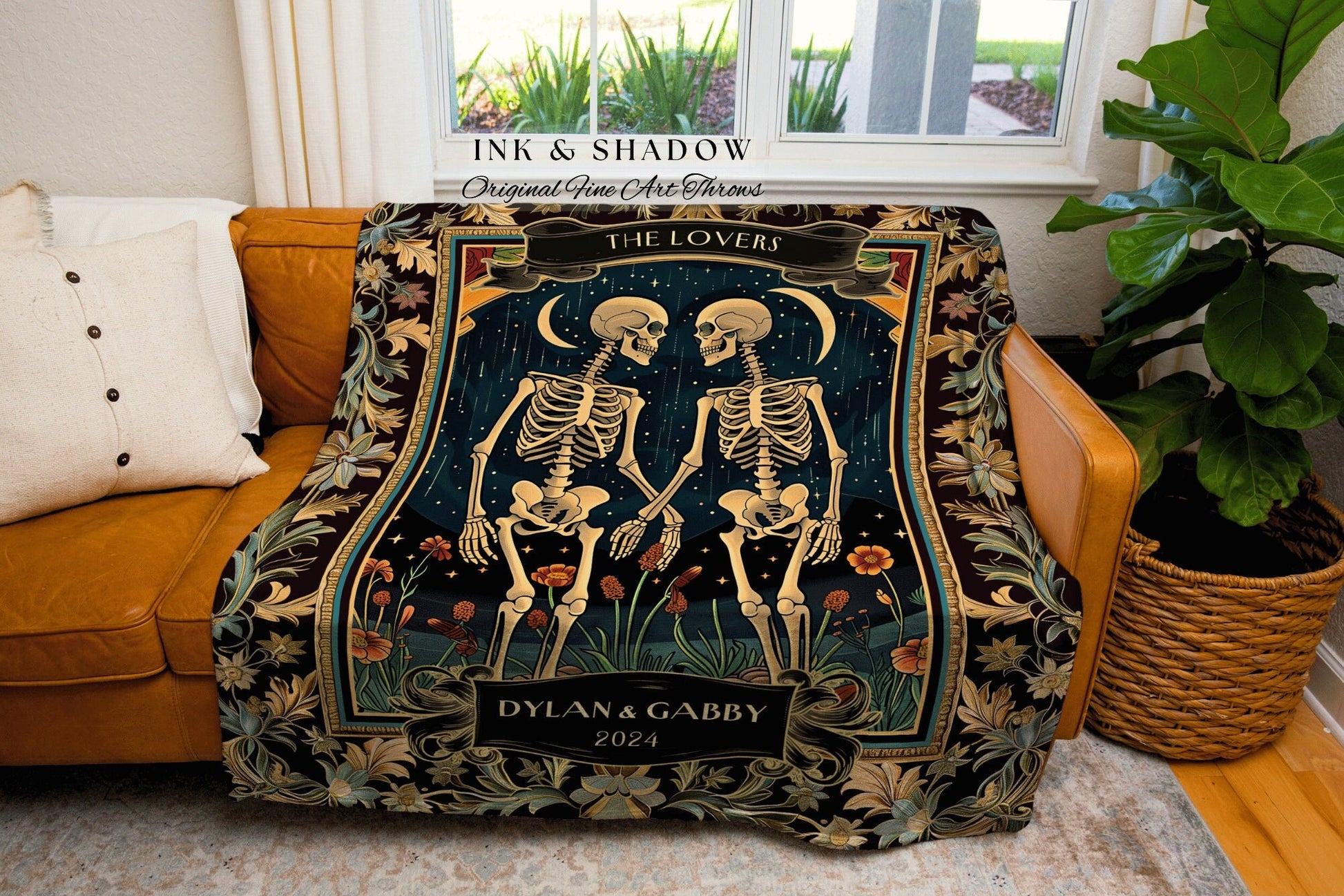 Skeleton Lovers Tarot Aesthetic Throw | Celestial Skeleton Couple Woven Tapestry Wedding Anniversary Gift Personalized Blanket Custom Names